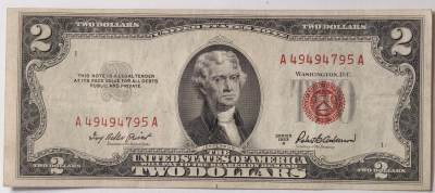 紫瑗钱币——第345期拍卖——纸币场 - 美国 1953年 A序列 托马斯·杰斐逊 2美元 红印 政府券 AU