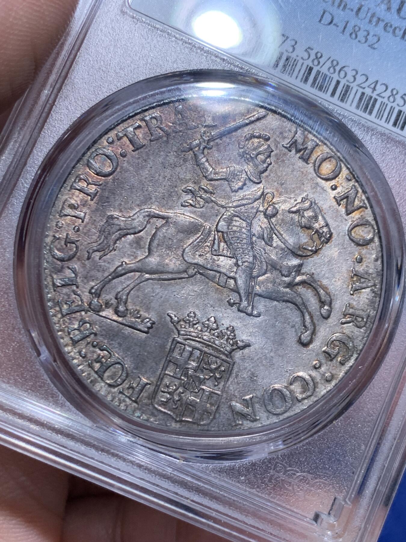 《竞宝斋》立夏专场特拍 （第2-1场）全场顺丰包邮 265场 PCGS AU58 荷兰1791年乌特勒支大马剑 全深打 原味欧洲五彩包浆 味道状态一流 之前洗白白的白币都拍了1.28W