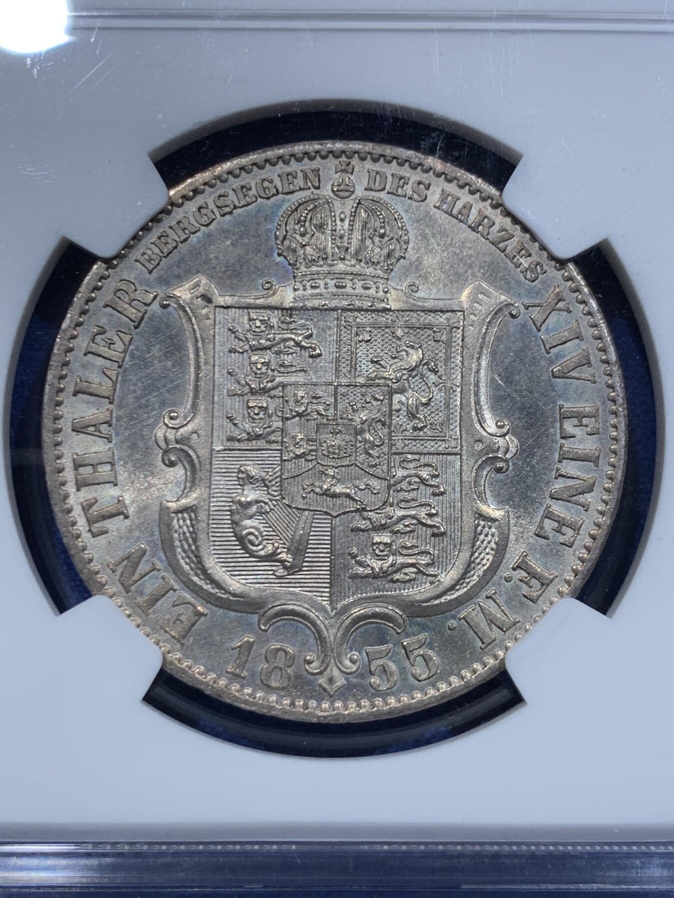 《竞宝斋》立夏专场特拍 （第2-1场）全场顺丰包邮 265场 NGC MS63 德国汉诺威1855年盾徽版泰勒 大气而精美 流通充分好品较少 MS比狮马版本少 欧洲昆克拍卖原物 410欧元落槌价