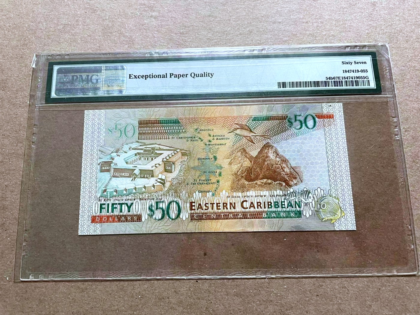 【Blue Auction】✨世界纸币精拍第470期【精】 【666豹子号 倒置号】东加勒比 2015年50元 女王 PMG67EPQ 高分