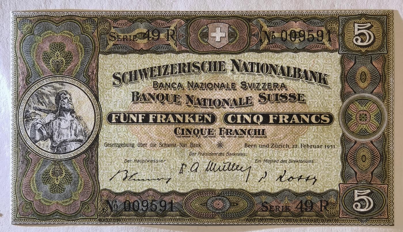 紫瑗钱币——第345期拍卖——纸币场 瑞士 联邦央行 1951年 威廉·泰勒 5法郎 UNC