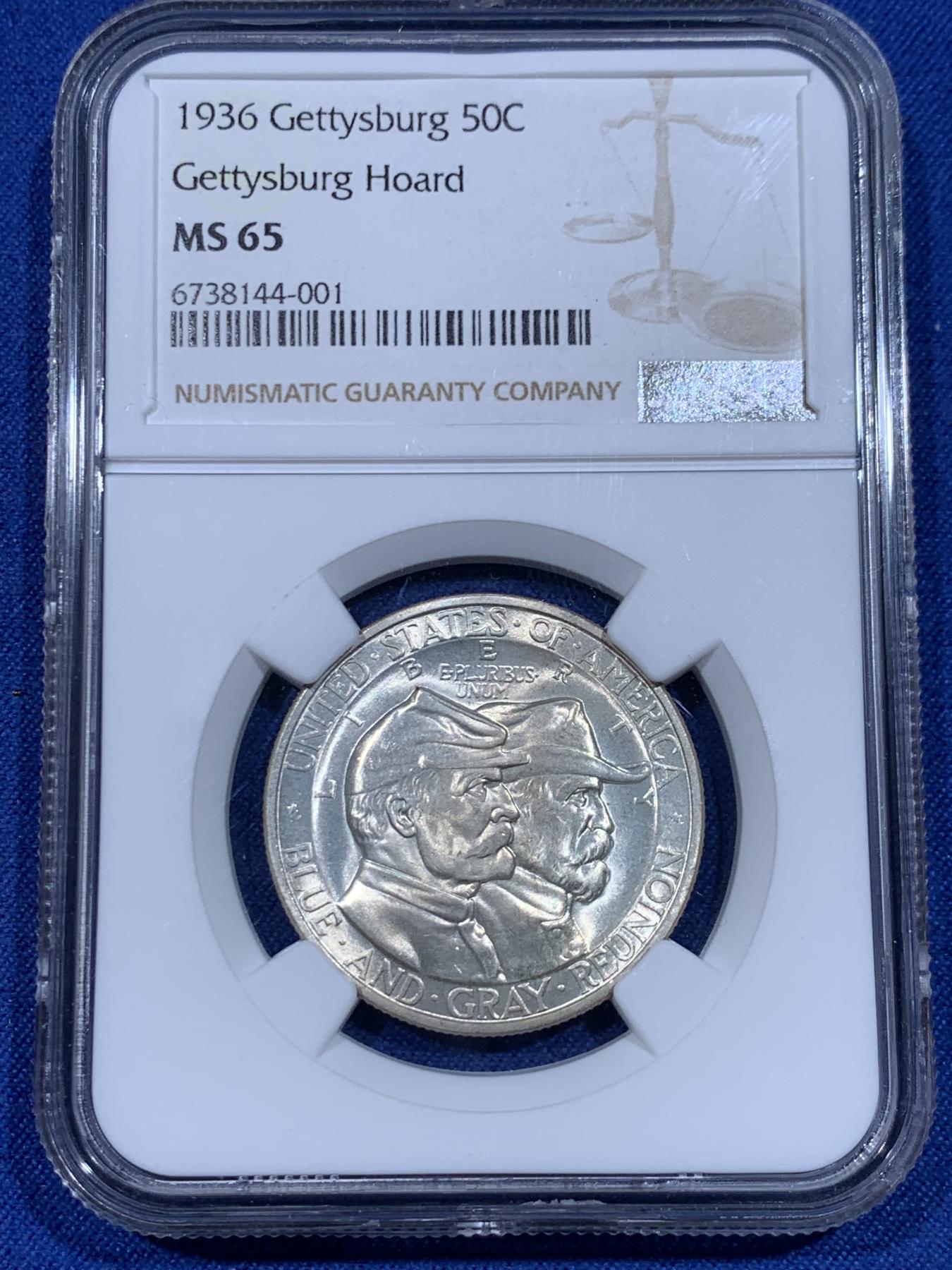 《竞宝斋》立夏专场特拍 （第2-1场）全场顺丰包邮 265场 冠军分 NGC MS65 美国1936年葛底斯堡战役半美元纪念银币 淡彩黄油光 半美元中的难点之一