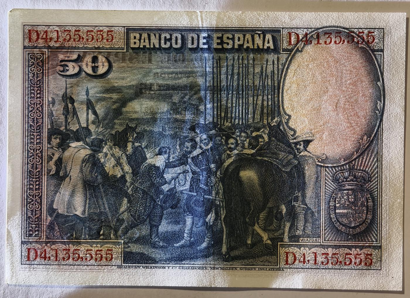 紫瑗钱币——第345期拍卖——纸币场 【狮子号5】西班牙 1928年 油画《布雷达的献城》50比塞塔 UNC- 有软折