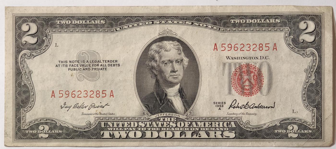 紫瑗钱币——第345期拍卖——纸币场 美国 1953年 A序列 托马斯·杰斐逊 2美元 红印 政府券 AU