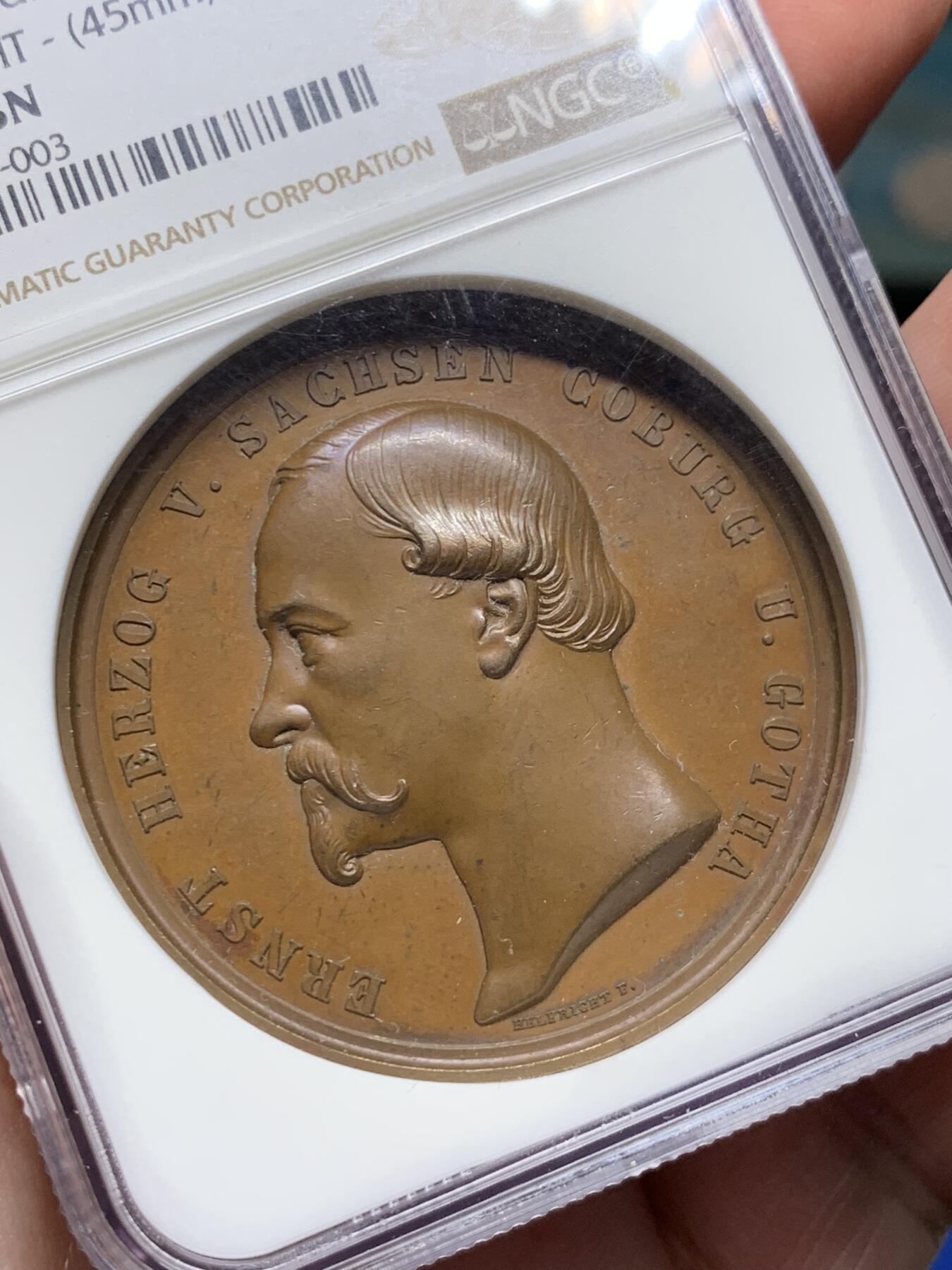 《竞宝斋》立夏专场特拍 （第2-1场）全场顺丰包邮 265场 NGC MS64BN 德国萨克森-科堡-哥达1872年农业大铜章 加厚盒子 细节及其丰富 人物高浮雕