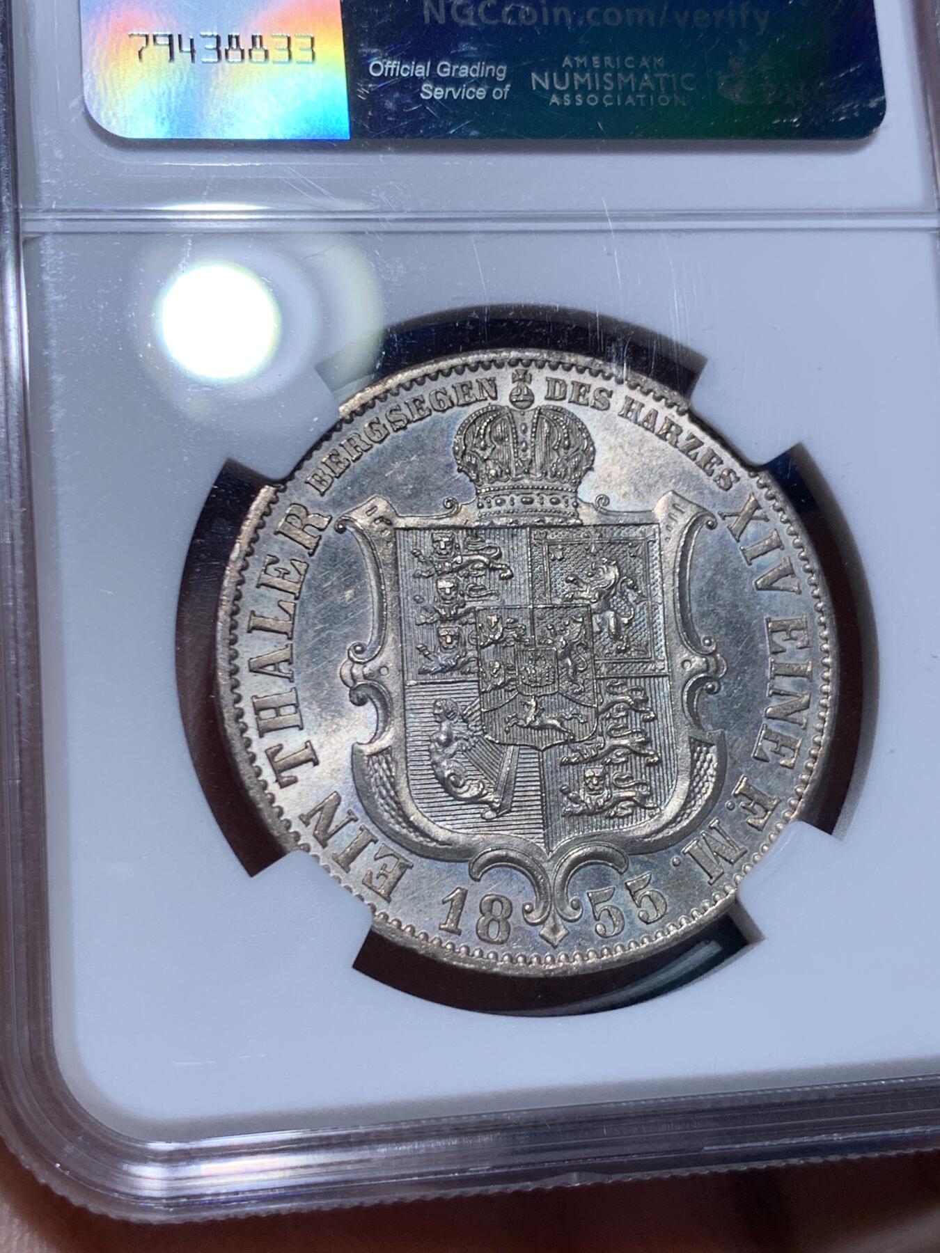 《竞宝斋》立夏专场特拍 （第2-1场）全场顺丰包邮 265场 NGC MS63 德国汉诺威1855年盾徽版泰勒 大气而精美 流通充分好品较少 MS比狮马版本少 欧洲昆克拍卖原物 410欧元落槌价