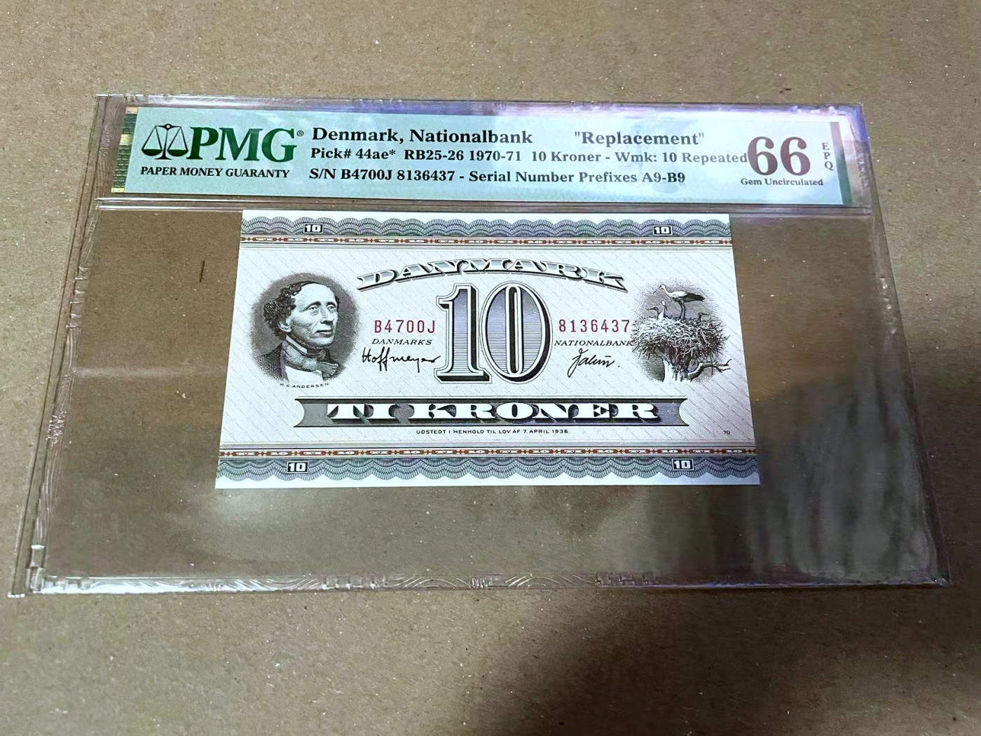 【Blue Auction】✨世界纸币精拍第470期【精】 【补号少见 p44ae*】丹麦 1970-71年10克朗 PMG66EPQ 安徒生