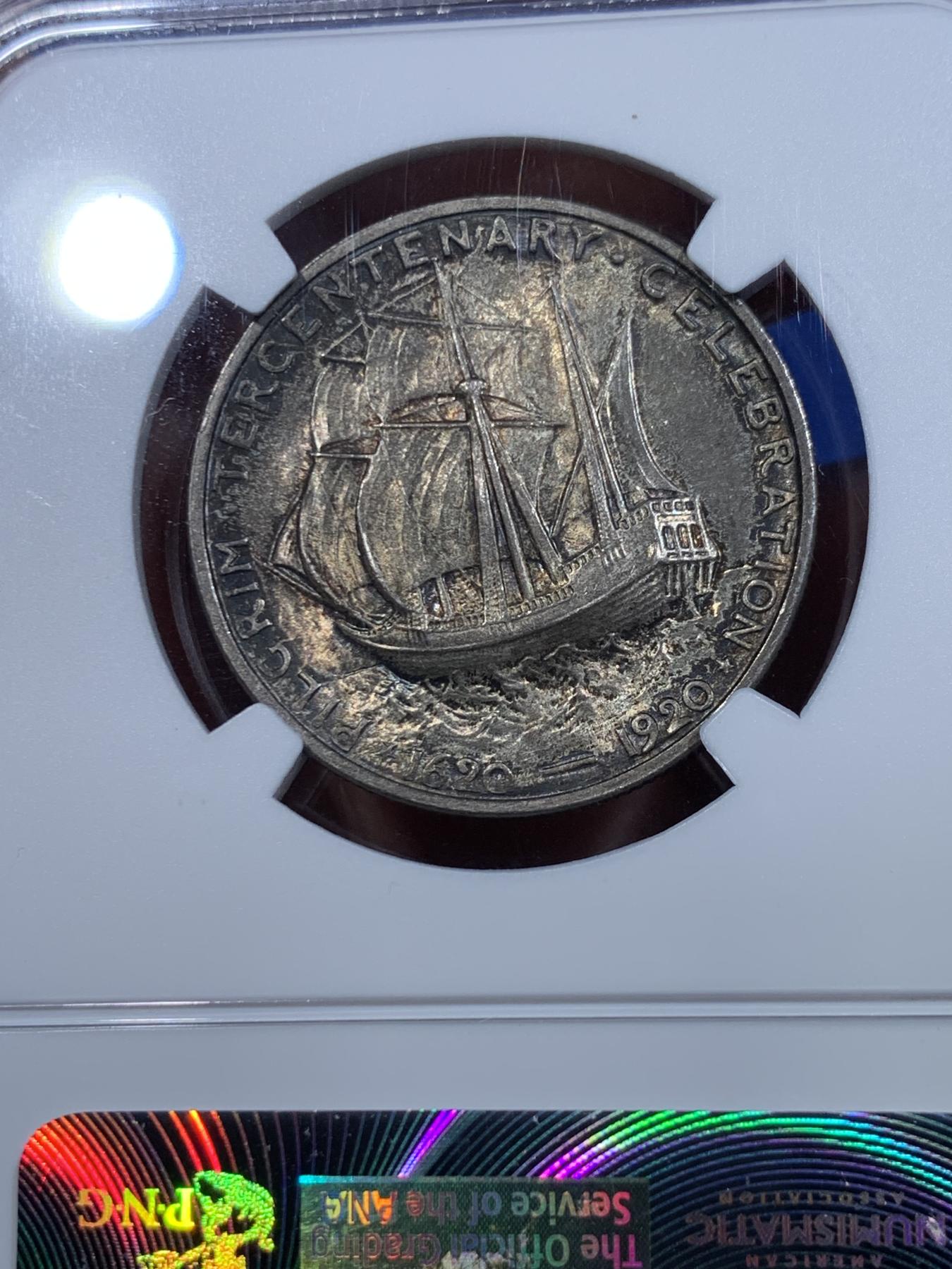 《竞宝斋》立夏专场特拍 （第2-1场）全场顺丰包邮 265场 NGC MS64 美国1920年清教徒移民半美元纪念银币 经典设计 背面五月花号呼之欲出 酱彩包浆 味道很好