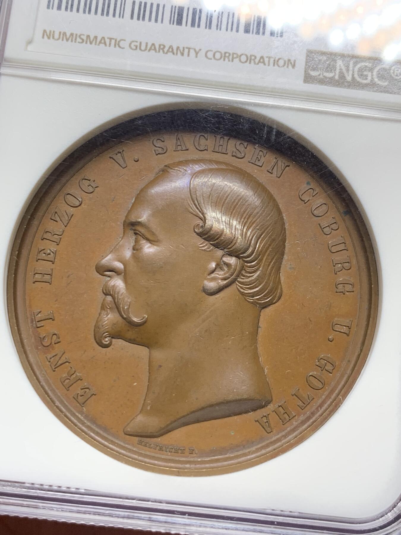 《竞宝斋》立夏专场特拍 （第2-1场）全场顺丰包邮 265场 NGC MS64BN 德国萨克森-科堡-哥达1872年农业大铜章 加厚盒子 细节及其丰富 人物高浮雕