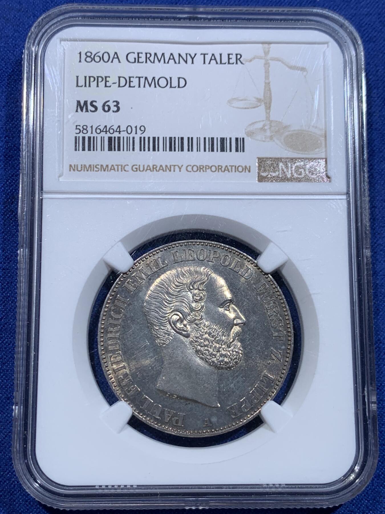 《竞宝斋》立夏专场特拍 （第2-1场）全场顺丰包邮 265场 NGC MS63 德国1860年利普-德特莫尔德泰勒 德意志小邦国发行量少 设计精美 环彩金光 状态夺目