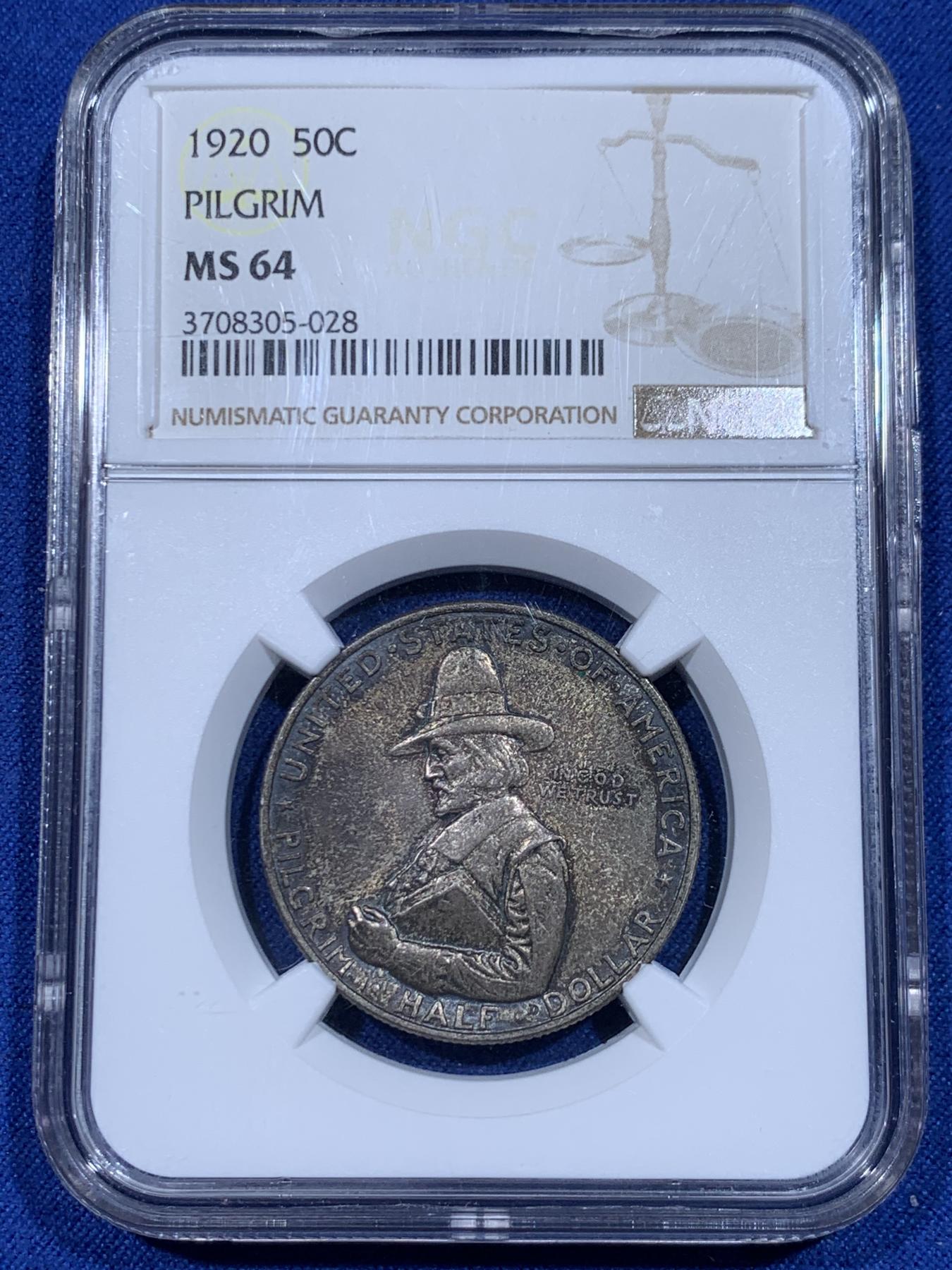 《竞宝斋》立夏专场特拍 （第2-1场）全场顺丰包邮 265场 NGC MS64 美国1920年清教徒移民半美元纪念银币 经典设计 背面五月花号呼之欲出 酱彩包浆 味道很好
