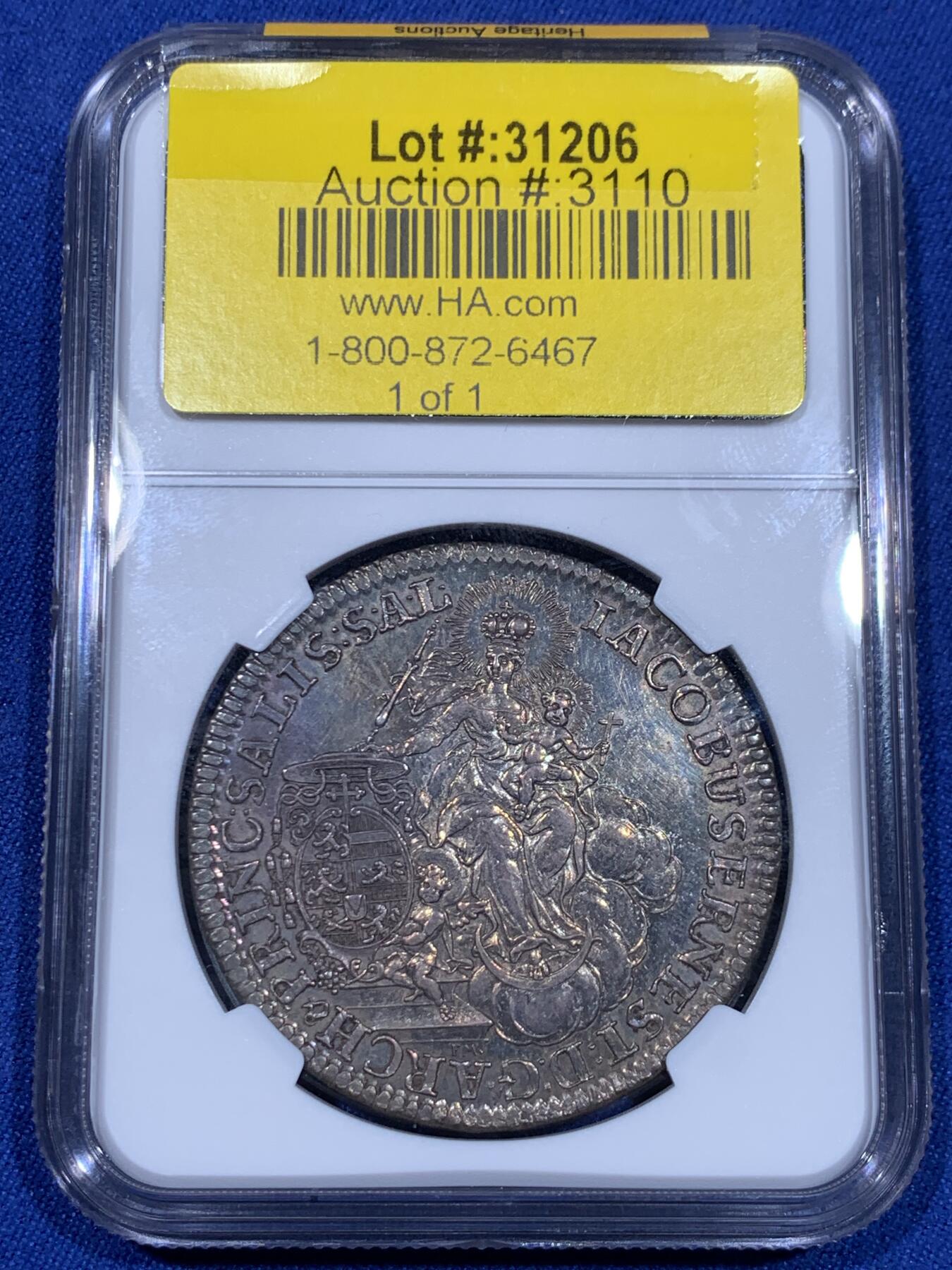 《竞宝斋》立夏专场特拍 （第2-1场）全场顺丰包邮 265场 冠军分 NGC MS62 神圣罗马帝国1745奥地利萨尔茨堡主教泰勒 列支敦士登大主教雅各布·欧内斯特亲王银币 罕见品种 PL底板全深打