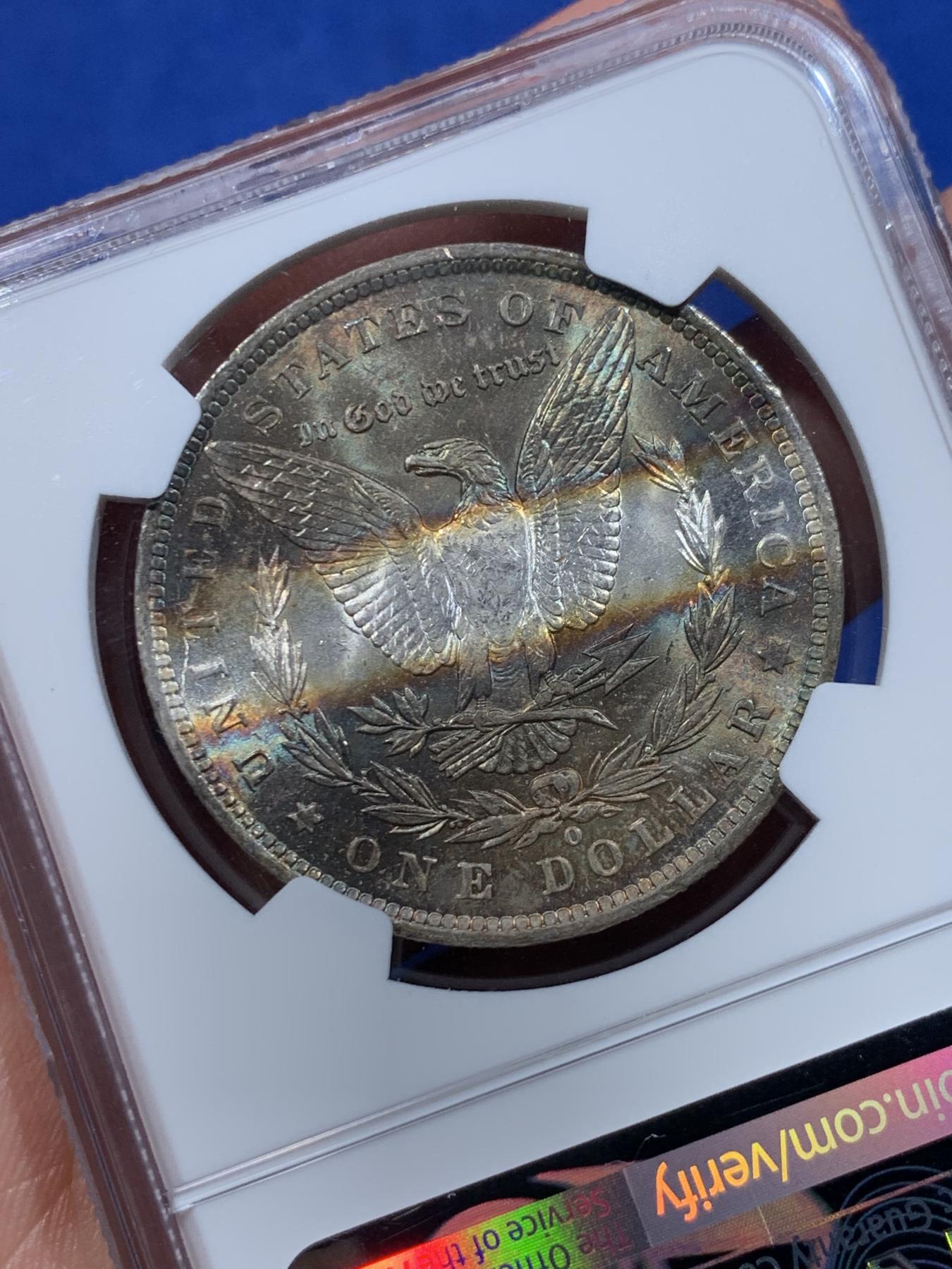 《竞宝斋》立夏专场特拍 （第2-1场）全场顺丰包邮 265场 NGC MS63 美国1885年摩根一美元银币 特色“一”字彩浆 五彩很漂亮