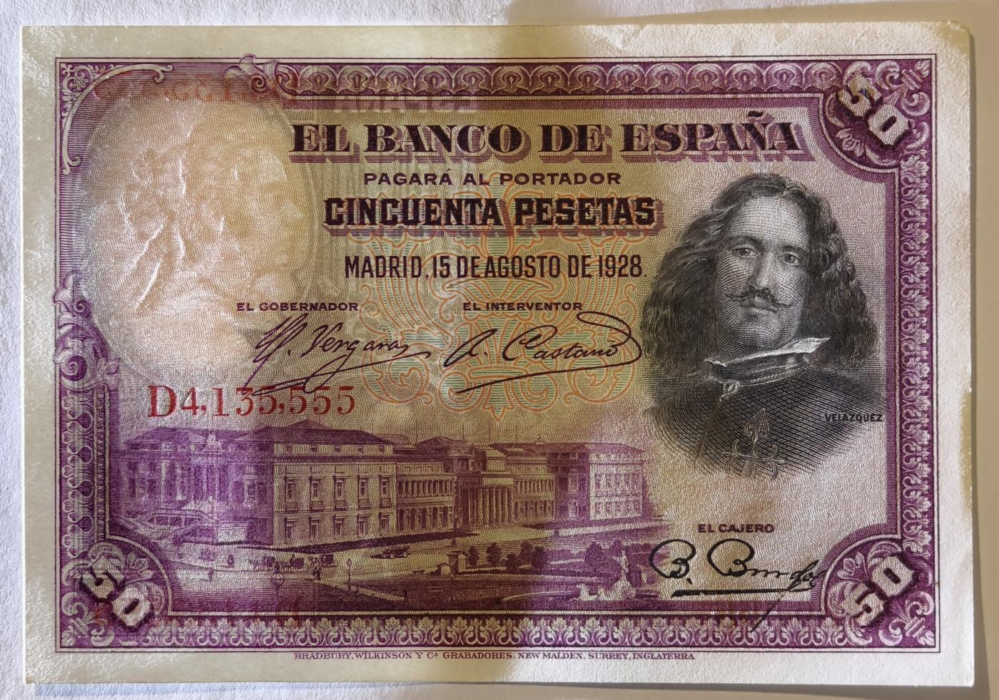 紫瑗钱币——第345期拍卖——纸币场 【狮子号5】西班牙 1928年 油画《布雷达的献城》50比塞塔 UNC- 有软折