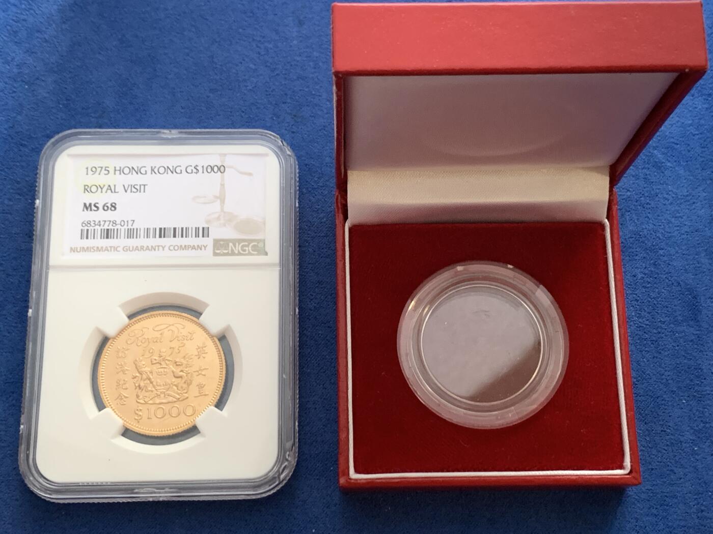《竞宝斋》立夏专场特拍 （第2-1场）全场顺丰包邮 265场 NGC MS68 香港1975年女王第一次访港千元金币 港英盾徽 附红色礼盒 第一轮比第二轮稀少很多 普制高分极难 冠军分69仅十枚 金价稳固