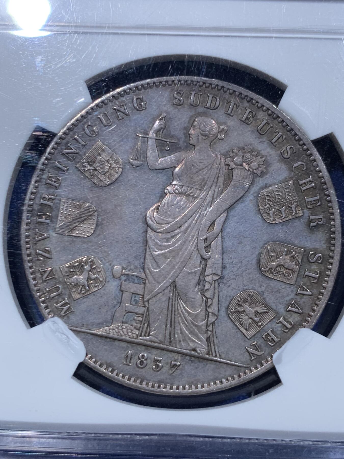 《竞宝斋》立夏专场特拍 （第2-1场）全场顺丰包邮 265场 NGC MS61 德国1837巴伐利亚货币同盟纪念2泰勒大银币 淡彩包浆