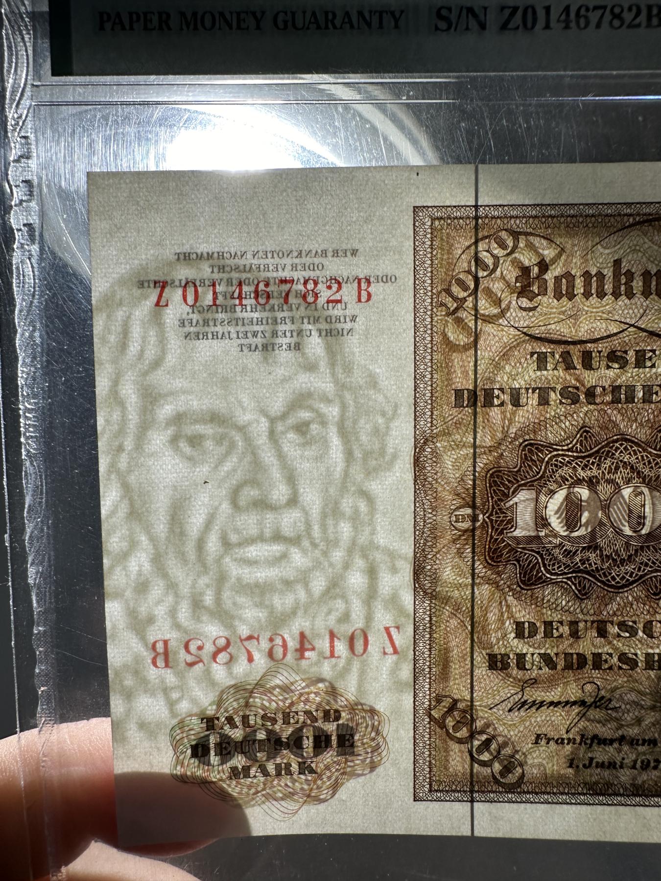《外钞收藏家》第三百六十五期（连拍第二场） 1977年德国1000马克 舍那 PMG58 补号 稀少 没有明显问题 可以拍了冲高分