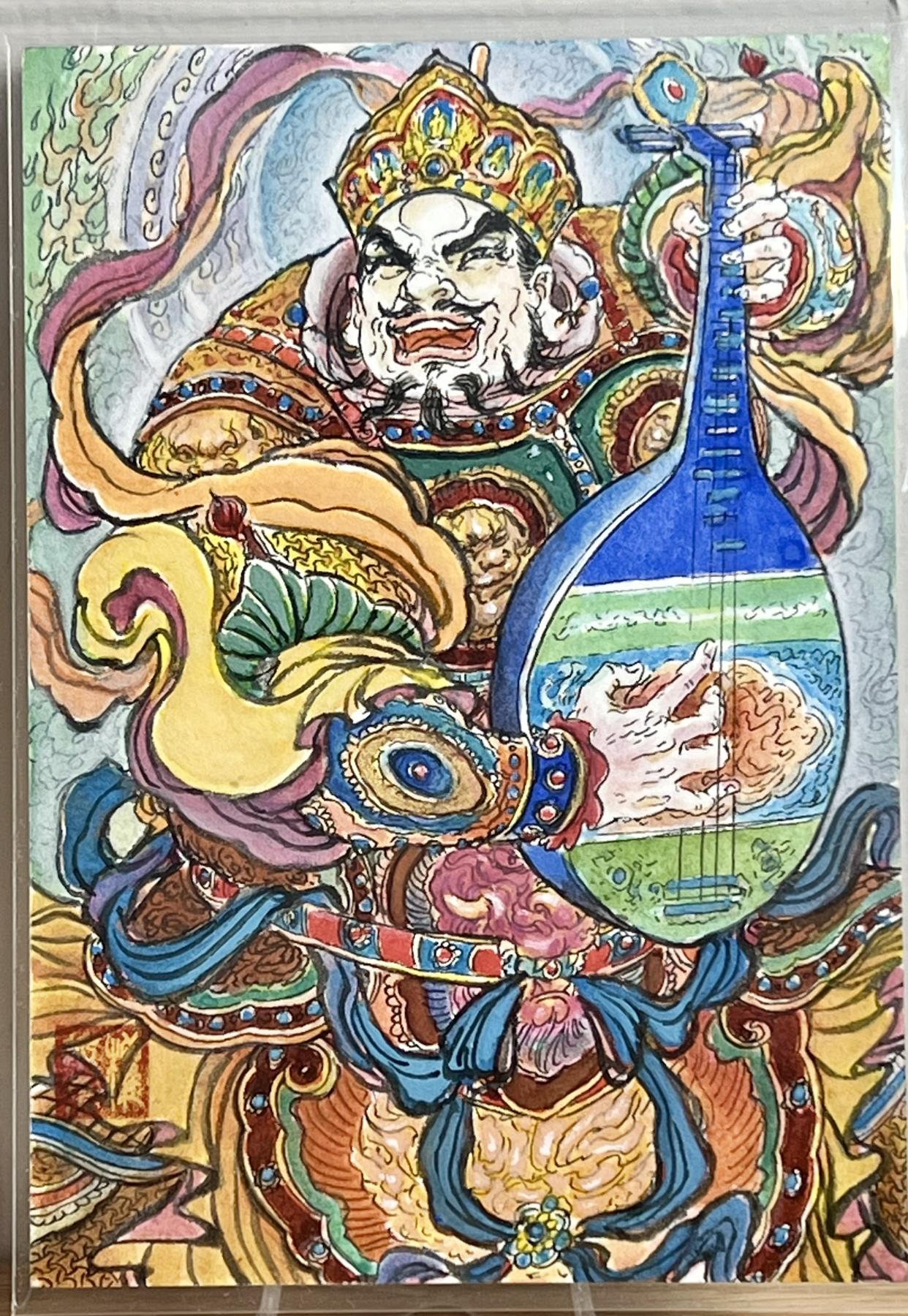 白泽拍卖卡牌专场第1期 2024 昆仑万象 东方持国天王 权迎东手绘大卡 12.5cm*8.6cm 卡夹封装 最后面是跟普卡对比图