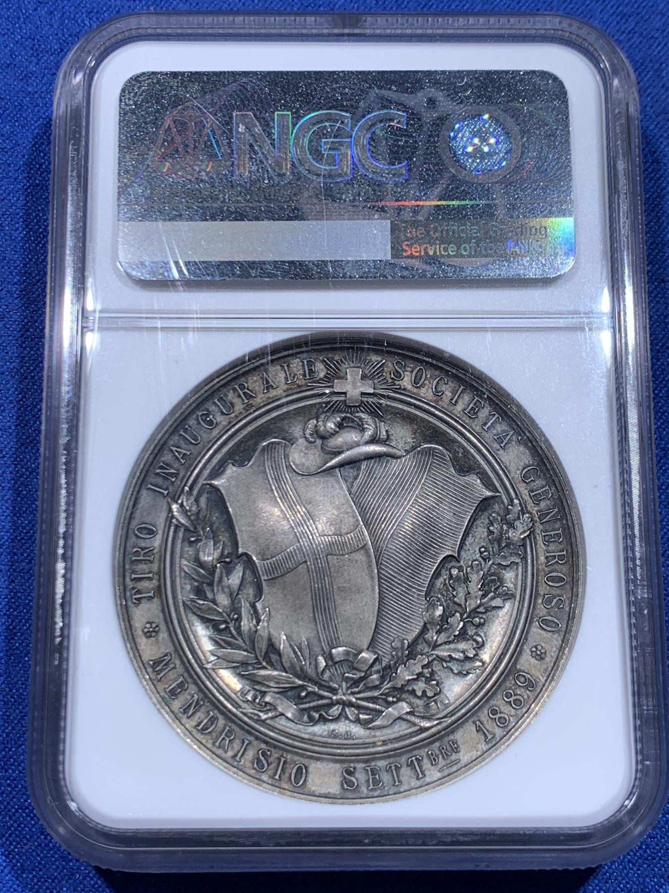 《竞宝斋》立夏专场特拍 （第2-1场）全场顺丰包邮 265场 NGC MS63 瑞士1889年提契诺州射击节大银章 罕见品种 热门系列 人物高点俱在 藏家多年藏品出品 最近64分的1080美元成交