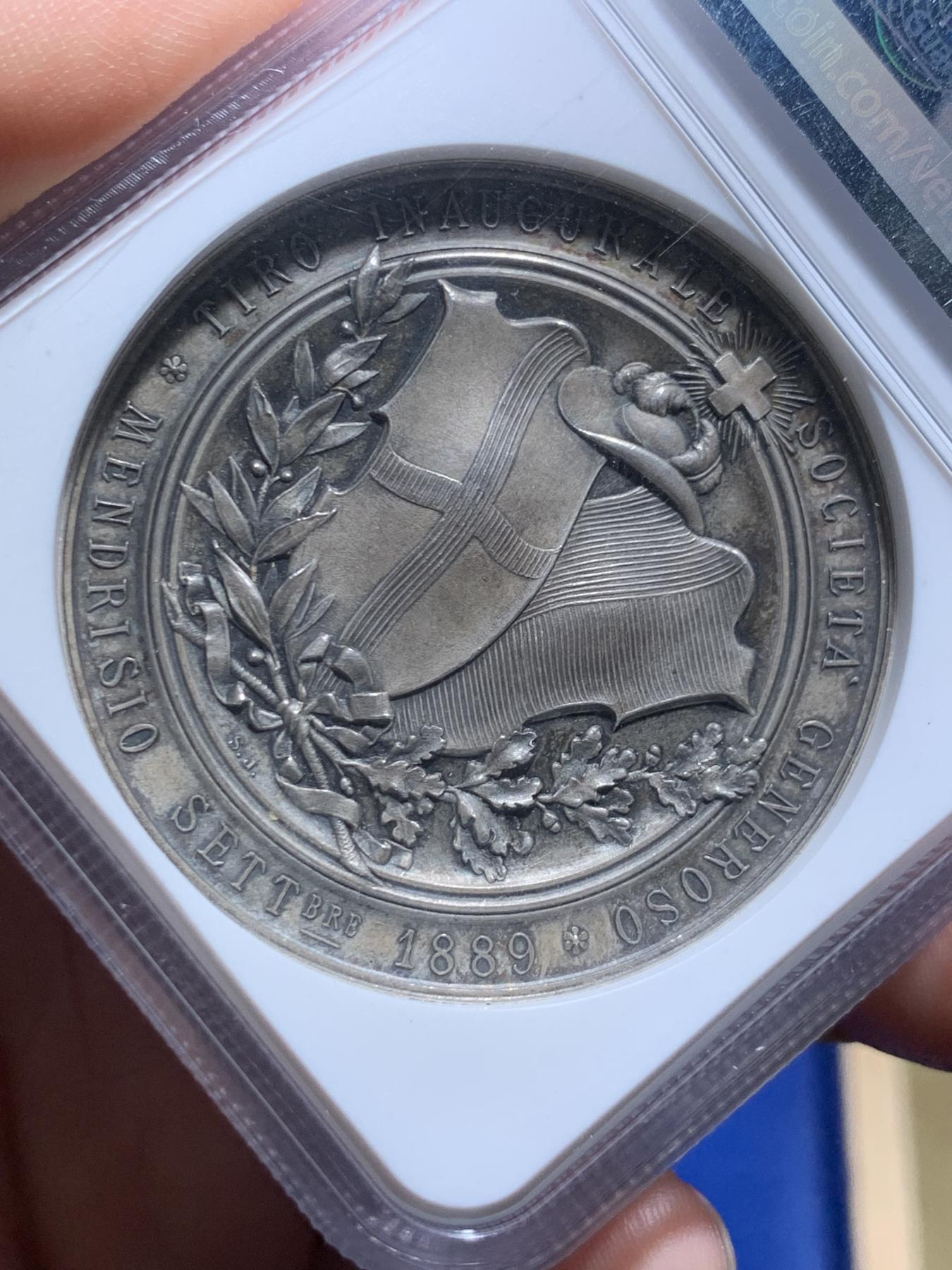 《竞宝斋》立夏专场特拍 （第2-1场）全场顺丰包邮 265场 NGC MS63 瑞士1889年提契诺州射击节大银章 罕见品种 热门系列 人物高点俱在 藏家多年藏品出品 最近64分的1080美元成交