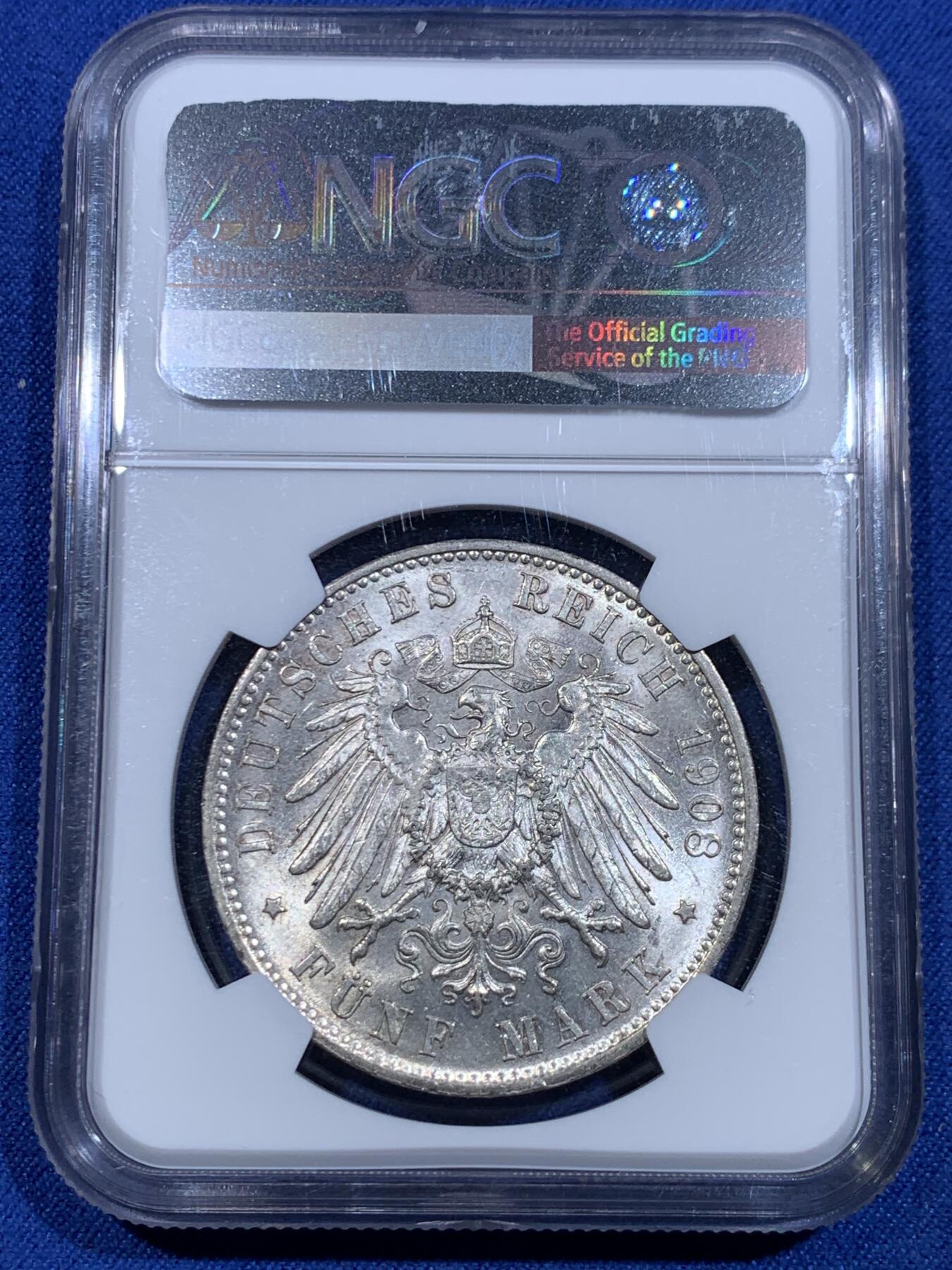 《竞宝斋》立夏专场特拍 （第2-1场）全场顺丰包邮 265场 NGC MS62 德国1908符腾堡5马克银币 符腾堡ms比较难得