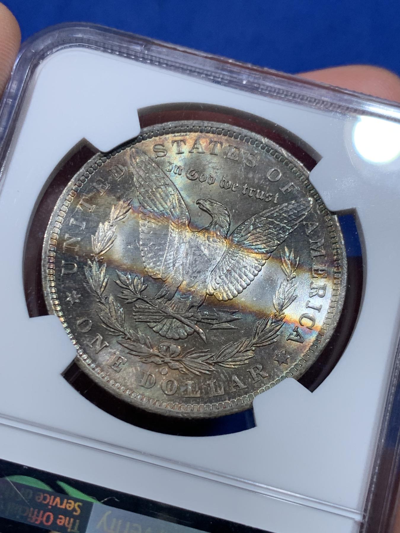 《竞宝斋》立夏专场特拍 （第2-1场）全场顺丰包邮 265场 NGC MS63 美国1885年摩根一美元银币 特色“一”字彩浆 五彩很漂亮