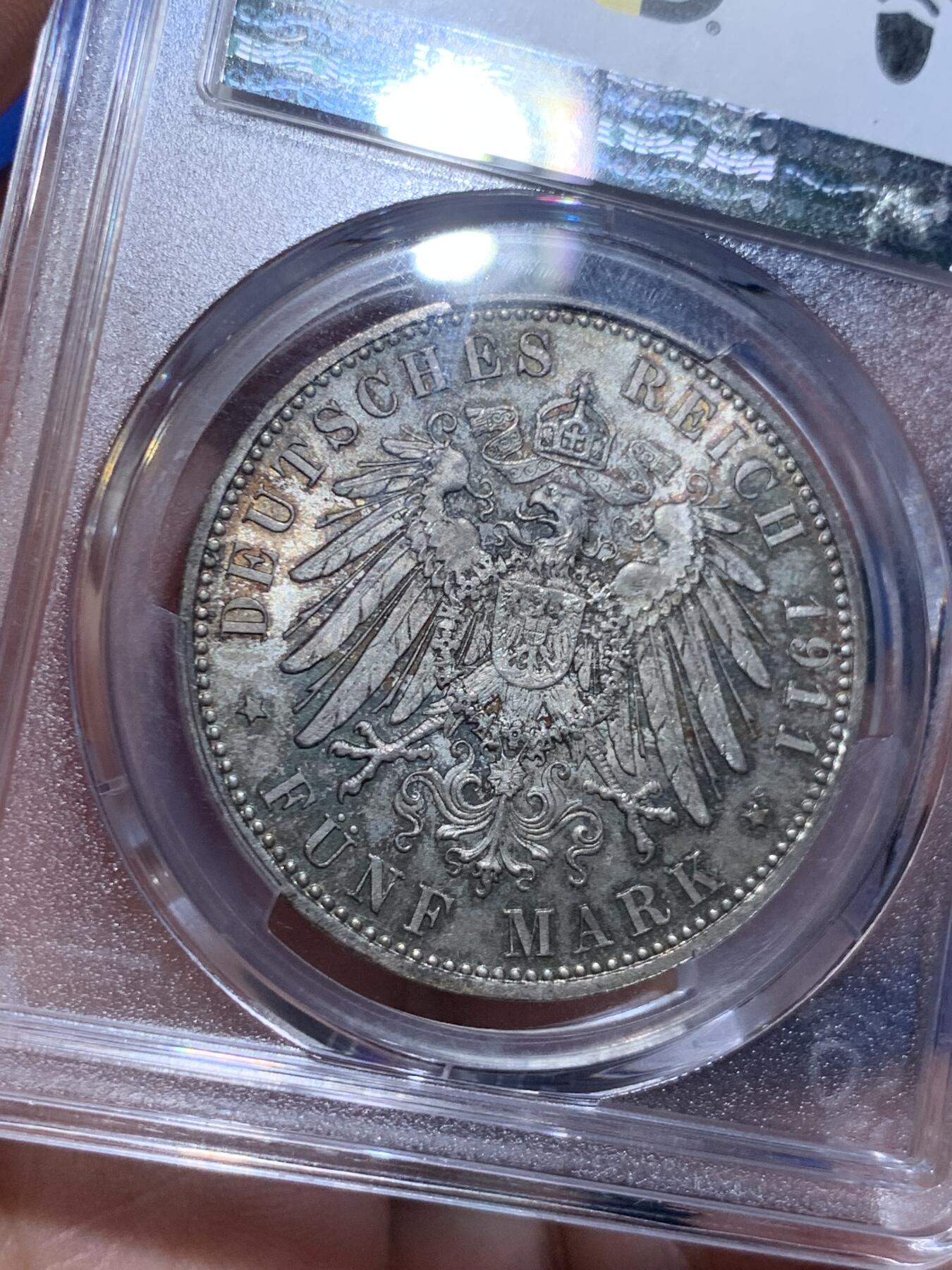 《竞宝斋》立夏专场特拍 （第2-1场）全场顺丰包邮 265场 PCGS MS64 德国1911年巴伐利亚利奥波德90寿辰5马克银币 黄油五彩老包浆