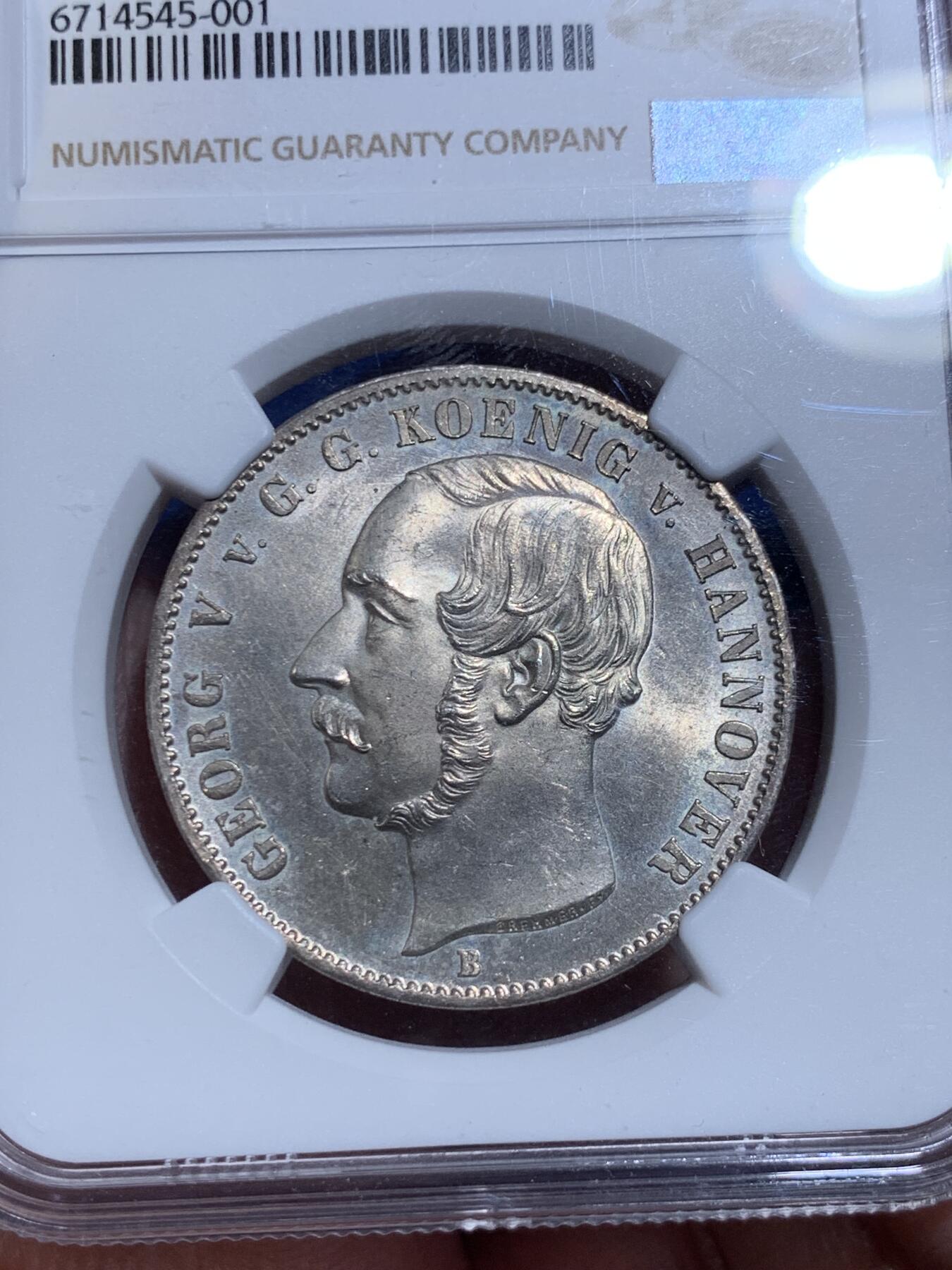 《竞宝斋》立夏专场特拍 （第2-1场）全场顺丰包邮 265场 NGC MS63 德国汉诺威1855年盾徽版泰勒 大气而精美 流通充分好品较少 MS比狮马版本少 欧洲昆克拍卖原物 410欧元落槌价