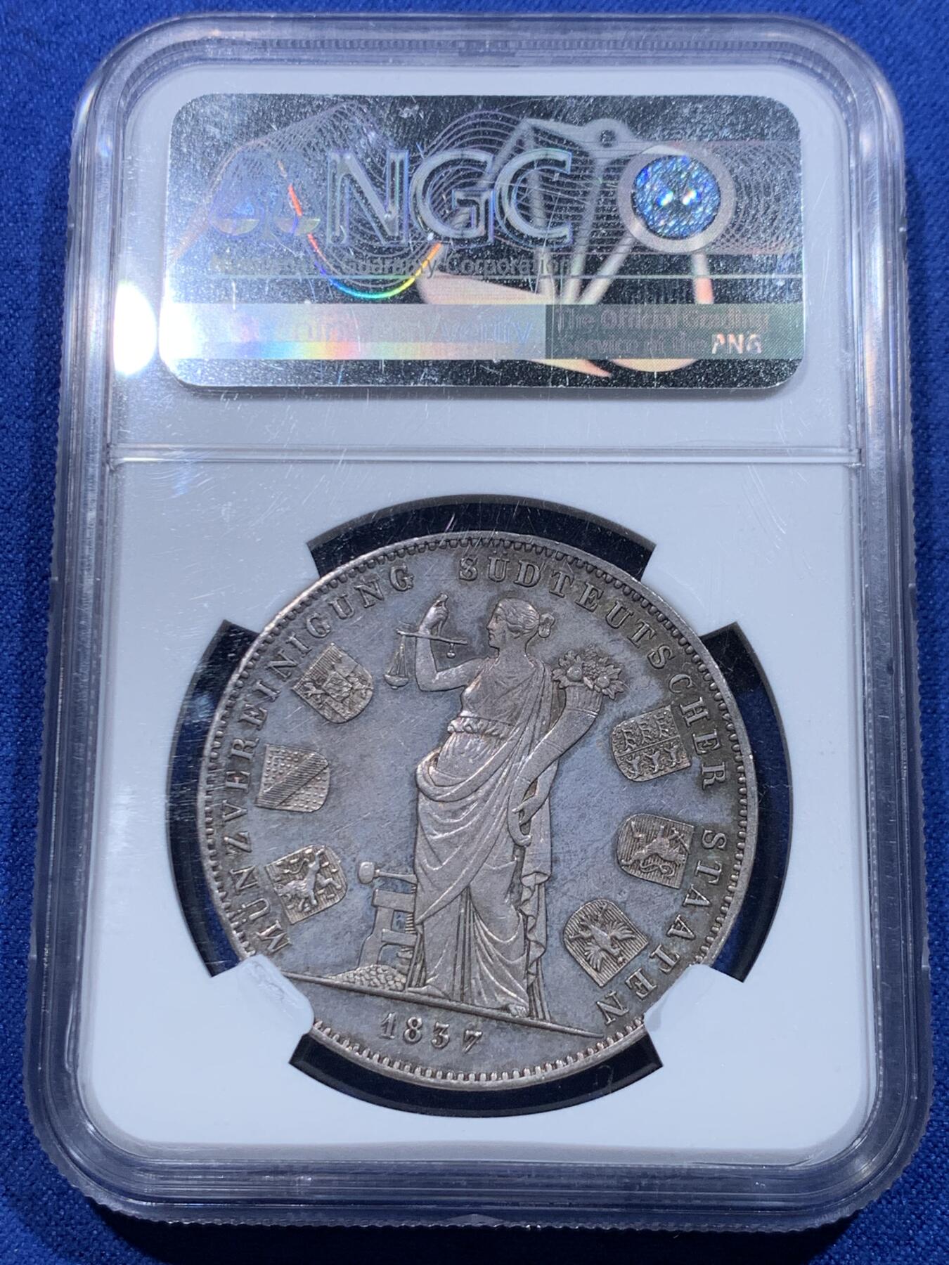 《竞宝斋》立夏专场特拍 （第2-1场）全场顺丰包邮 265场 NGC MS61 德国1837巴伐利亚货币同盟纪念2泰勒大银币 淡彩包浆