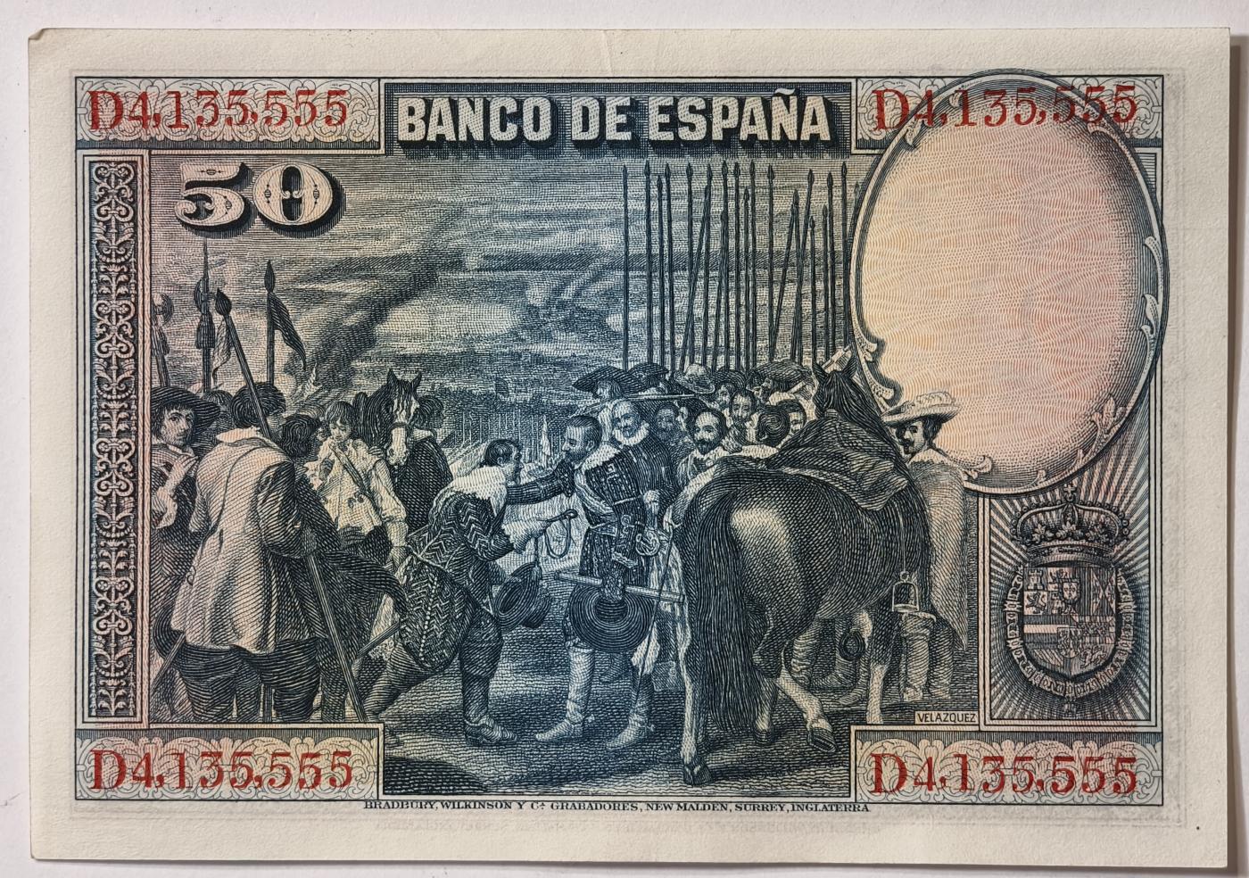 紫瑗钱币——第345期拍卖——纸币场 【狮子号5】西班牙 1928年 油画《布雷达的献城》50比塞塔 UNC- 有软折