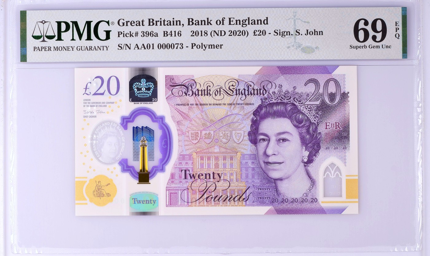 【Blue Auction】✨世界纸币精拍第470期【精】 【AA01 73极小号 第一刀罕见】英国 2018年20镑 PMG69EPQ 近满分 女王 首发十位号就这么几十张非常难得 