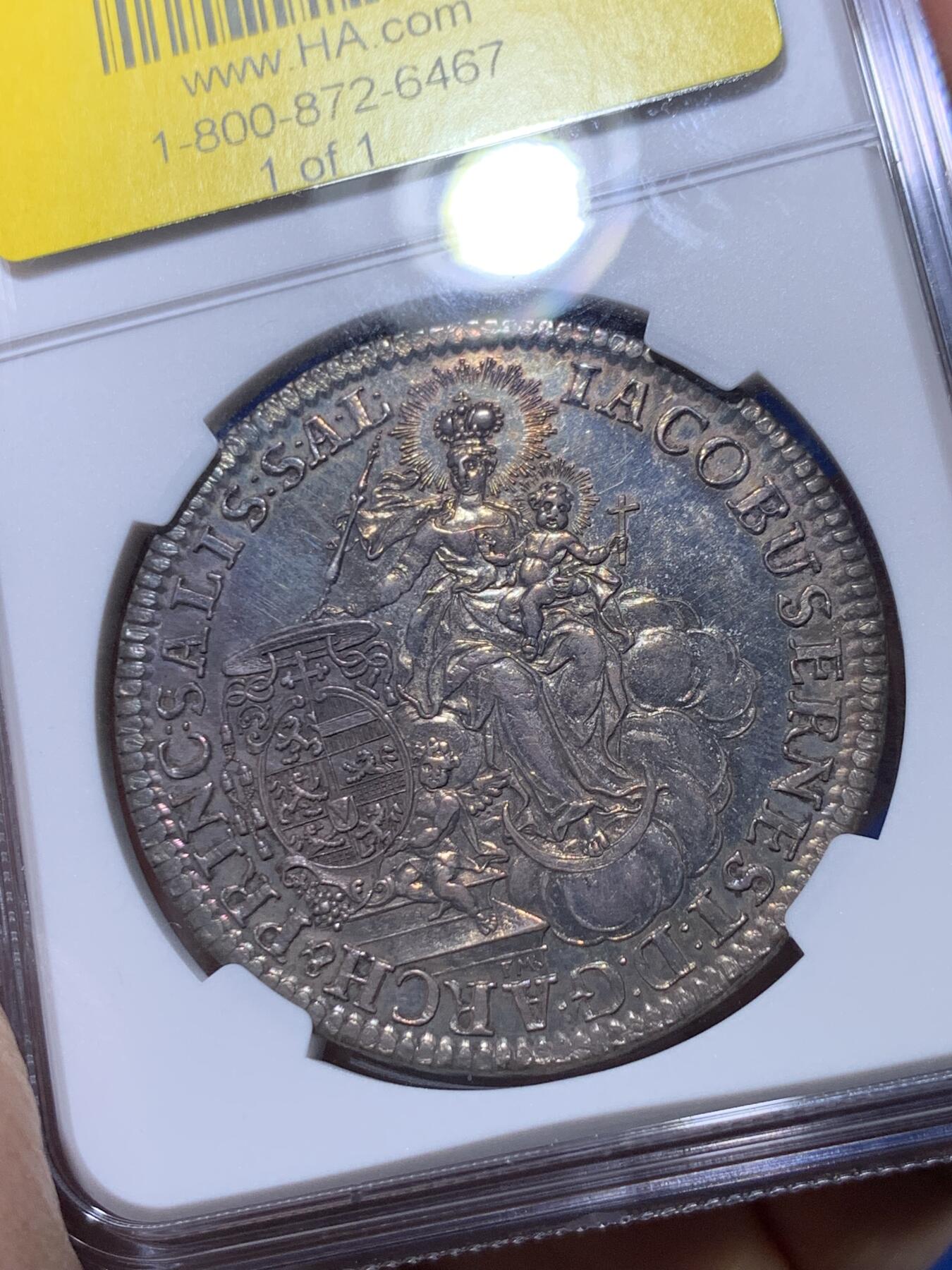 《竞宝斋》立夏专场特拍 （第2-1场）全场顺丰包邮 265场 冠军分 NGC MS62 神圣罗马帝国1745奥地利萨尔茨堡主教泰勒 列支敦士登大主教雅各布·欧内斯特亲王银币 罕见品种 PL底板全深打