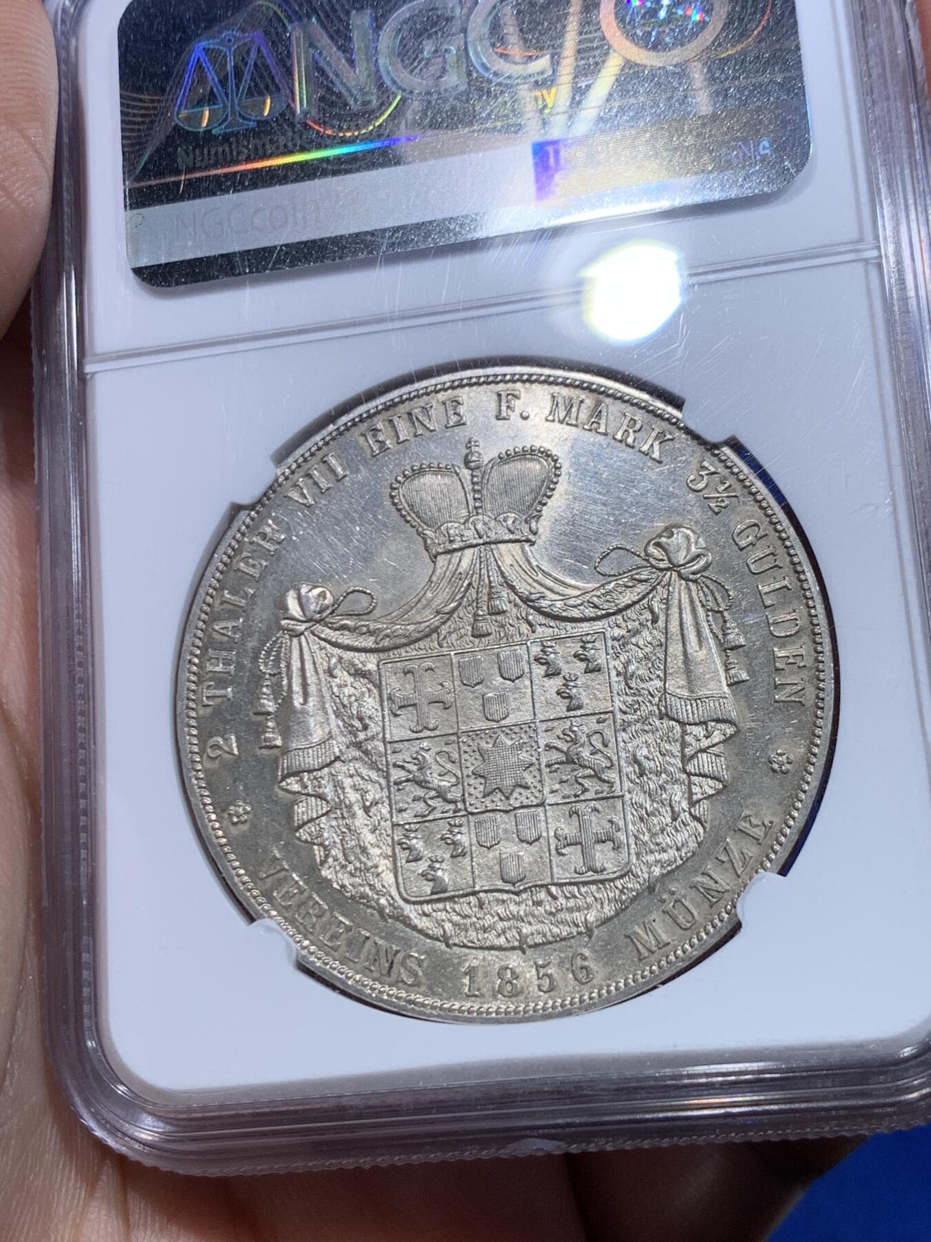 《竞宝斋》立夏专场特拍 （第2-1场）全场顺丰包邮 265场 NGC MS62 德国19世纪瓦尔德克-皮埃蒙特公国1856年流通2泰勒 发行量11375枚 经典小邦 37.11克大银币 即便在德拍上也是极少能见到的2T品种