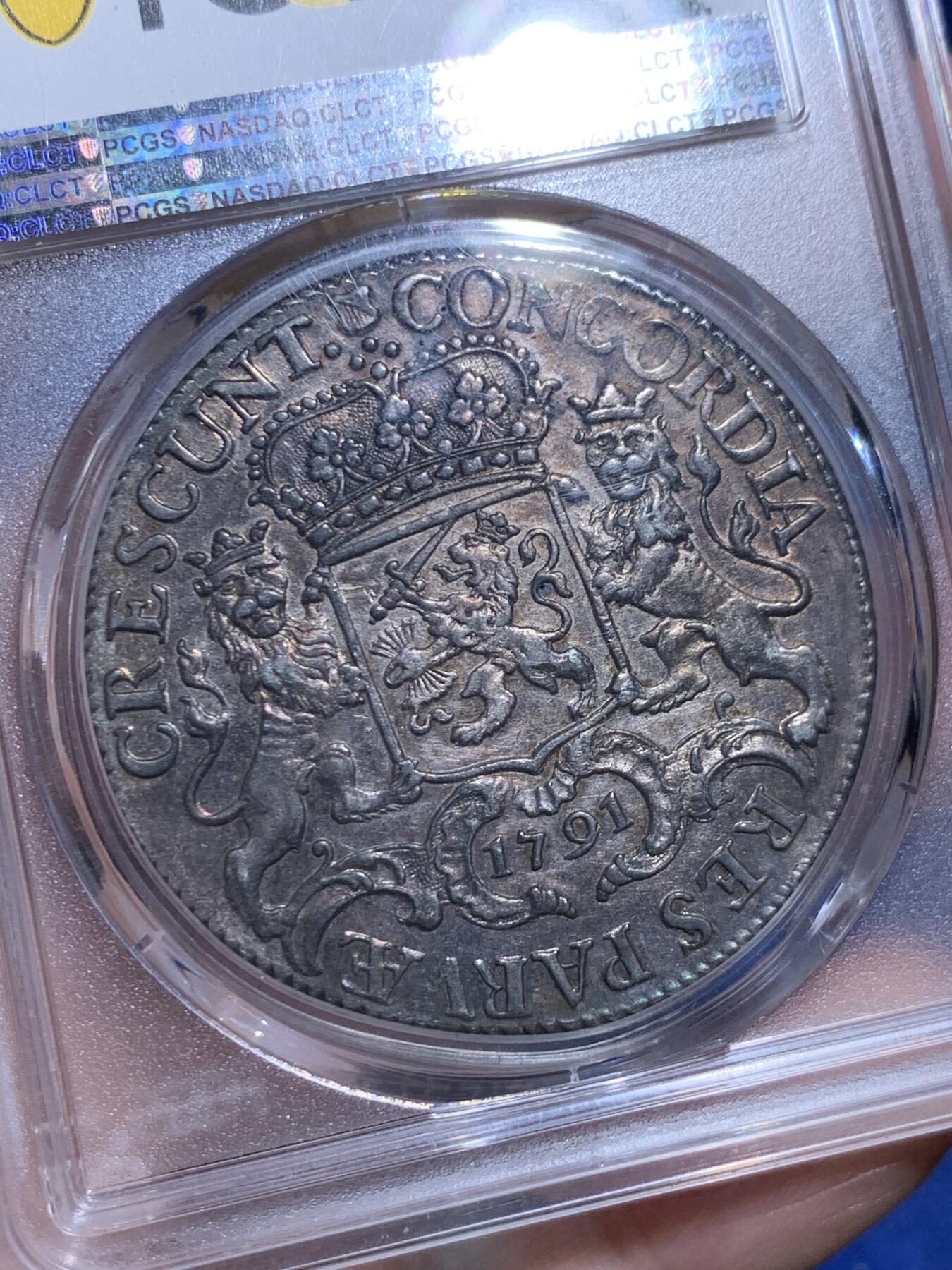 《竞宝斋》立夏专场特拍 （第2-1场）全场顺丰包邮 265场 PCGS AU58 荷兰1791年乌特勒支大马剑 全深打 原味欧洲五彩包浆 味道状态一流 之前洗白白的白币都拍了1.28W