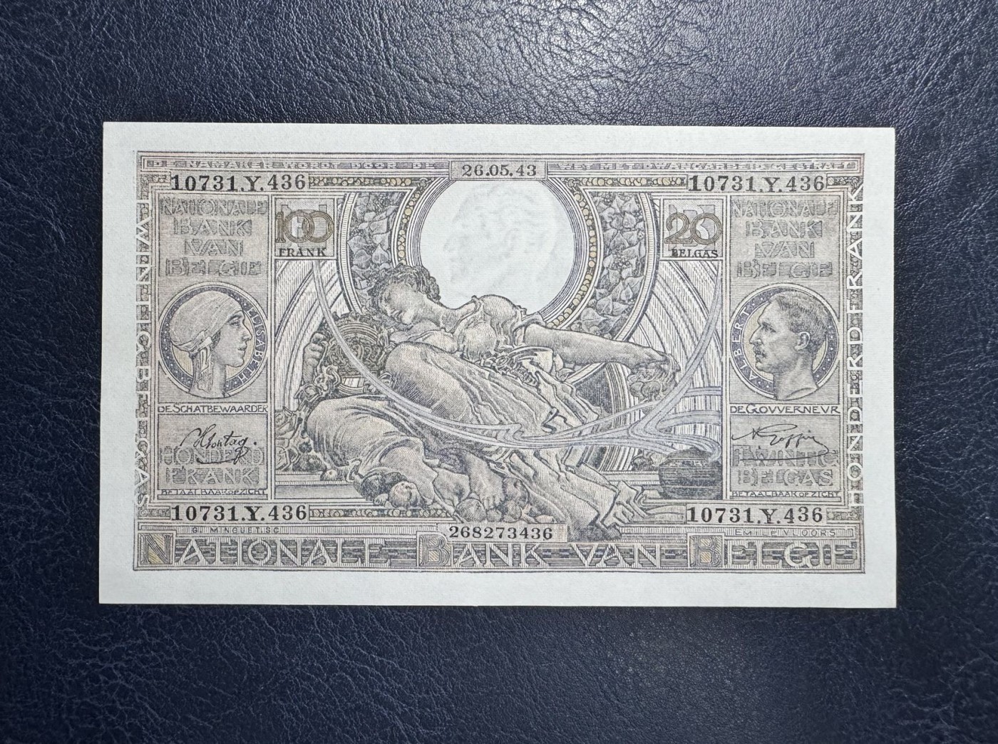 收藏联盟Quantum Auction 第342期拍卖  比利时1943年100法郎(等值20比利) 品相UNC  大票幅