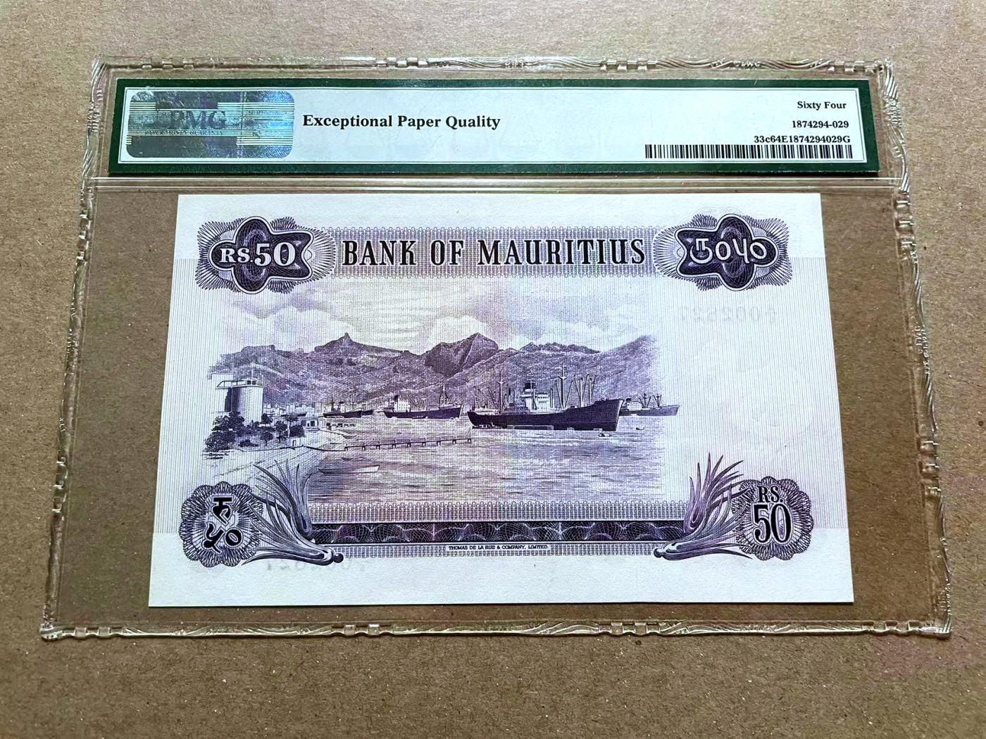 【Blue Auction】✨世界纸币精拍第470期【精】 毛里求斯 1967年50卢比 最高值 戎装女王 背面港口大场景 PMG64EPQ 全新原票