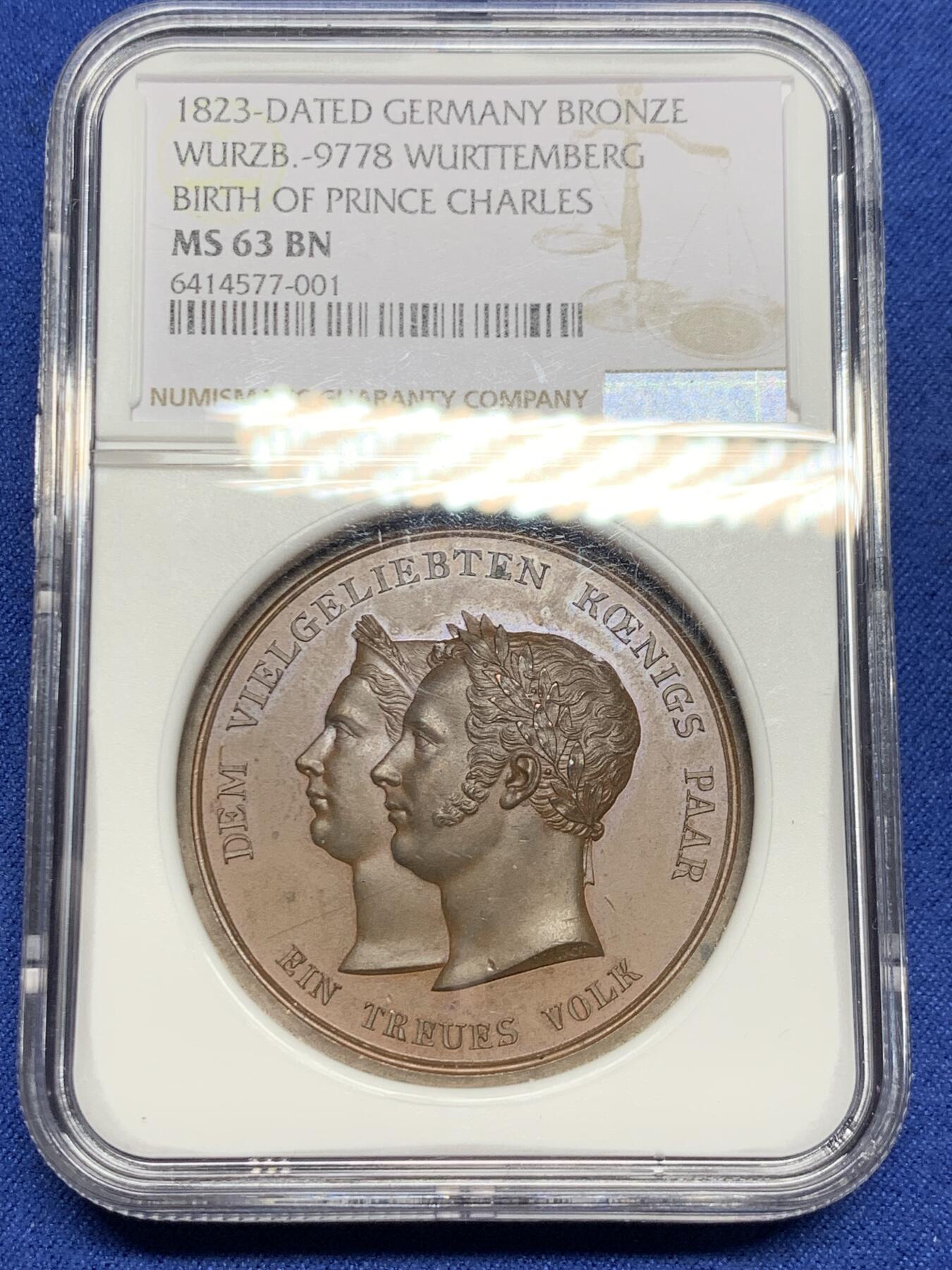 《竞宝斋》立夏专场特拍 （第2-1场）全场顺丰包邮 265场 NGC MS63BN 德国符腾堡1823年纪念Karl王储出生铜章 加厚盒子