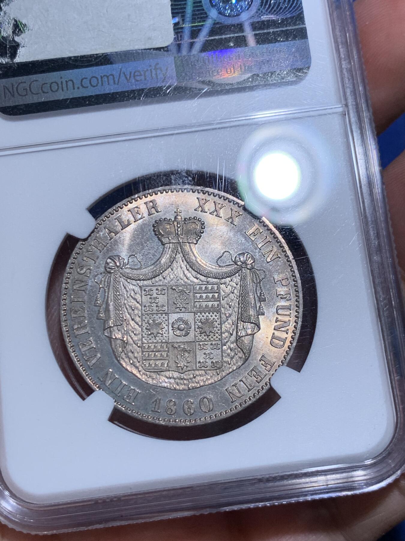 《竞宝斋》立夏专场特拍 （第2-1场）全场顺丰包邮 265场 NGC MS63 德国1860年利普-德特莫尔德泰勒 德意志小邦国发行量少 设计精美 环彩金光 状态夺目