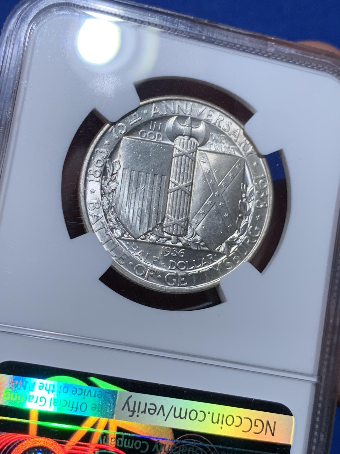 《竞宝斋》立夏专场特拍 （第2-1场）全场顺丰包邮 265场 冠军分 NGC MS65 美国1936年葛底斯堡战役半美元纪念银币 淡彩黄油光 半美元中的难点之一