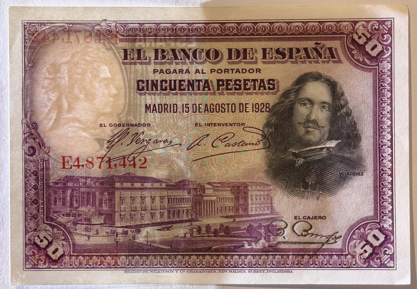 紫瑗钱币——第345期拍卖——纸币场 西班牙 1928年 油画《布雷达的献城》50比塞塔 UNC- 有软折