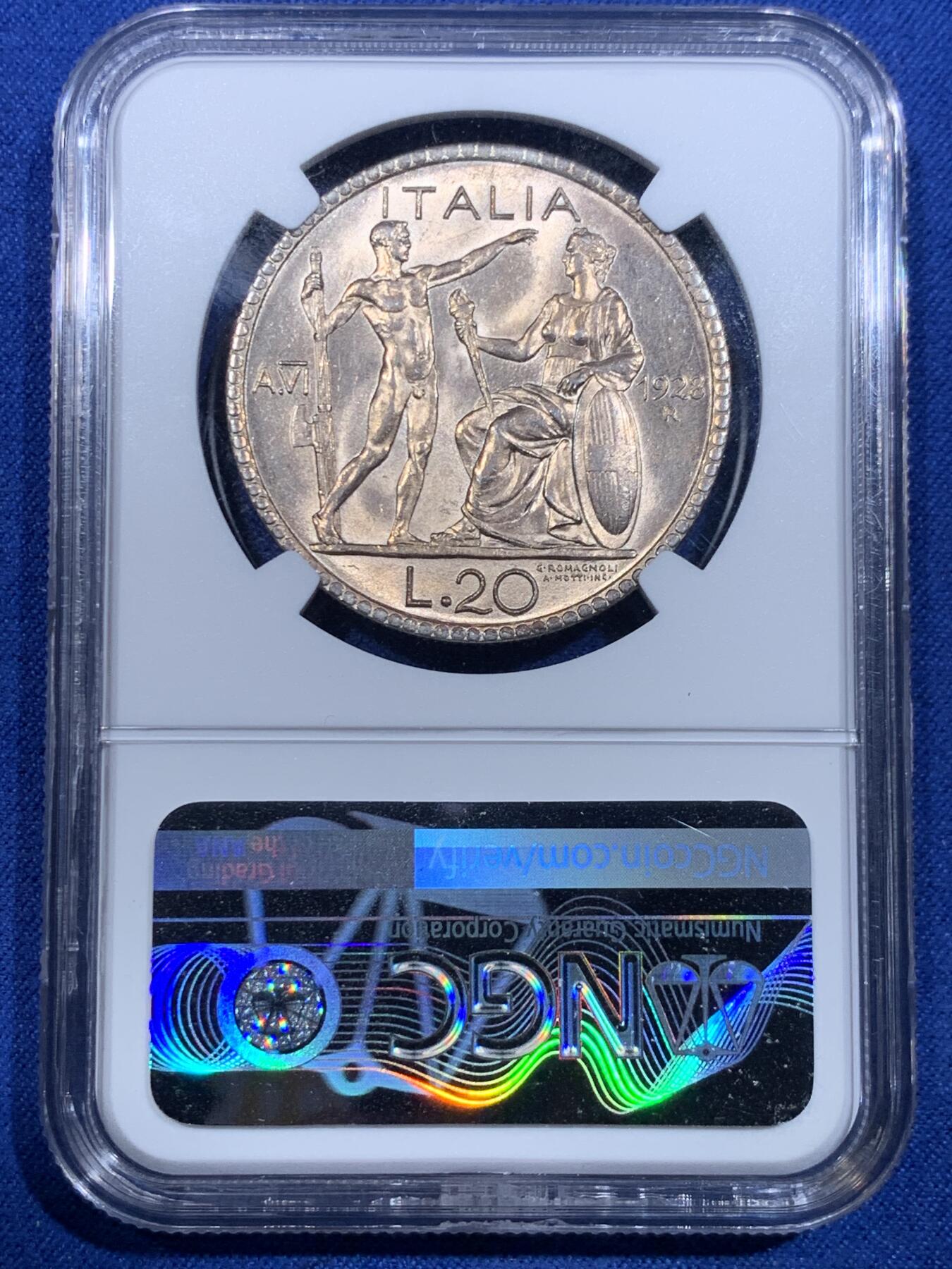《竞宝斋》立夏专场特拍 （第2-1场）全场顺丰包邮 265场 NGC MS63 意大利1928年裸男20里拉银币 经典造型 稀少年份