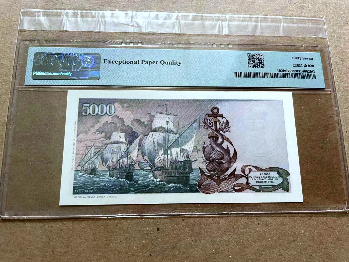 【Blue Auction】✨世界纸币精拍第470期【精】 意大利 1973年5000里拉 哥伦布  PMG67EPQ 高分