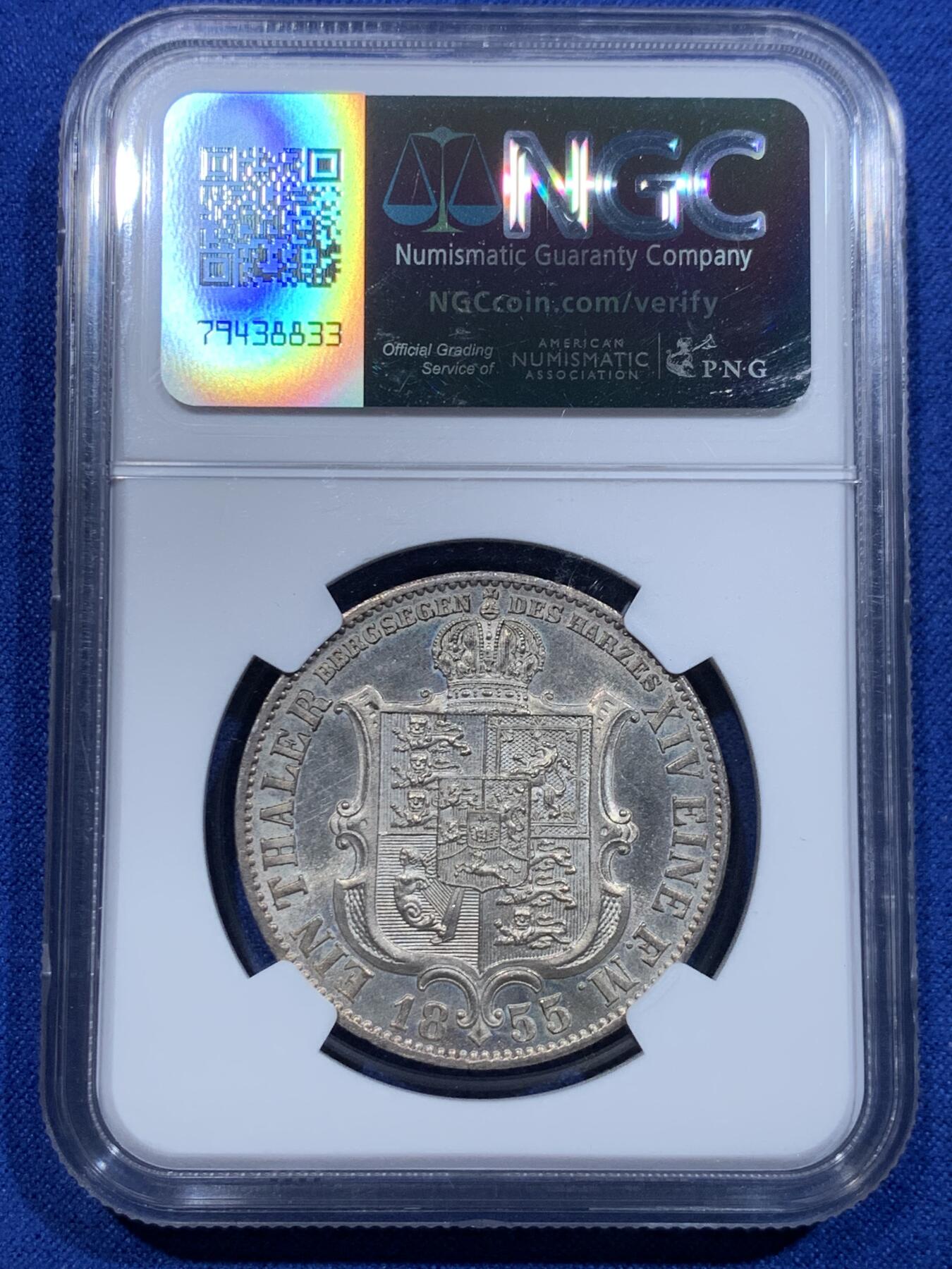 《竞宝斋》立夏专场特拍 （第2-1场）全场顺丰包邮 265场 NGC MS63 德国汉诺威1855年盾徽版泰勒 大气而精美 流通充分好品较少 MS比狮马版本少 欧洲昆克拍卖原物 410欧元落槌价