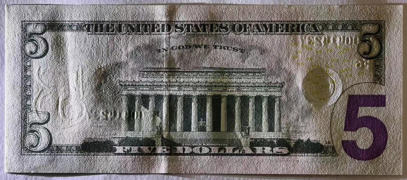 紫瑗钱币——第345期拍卖——纸币场 【补号】美国 2017年 F版 A序列 亚伯拉罕·林肯 5美元 彩色版 UNC