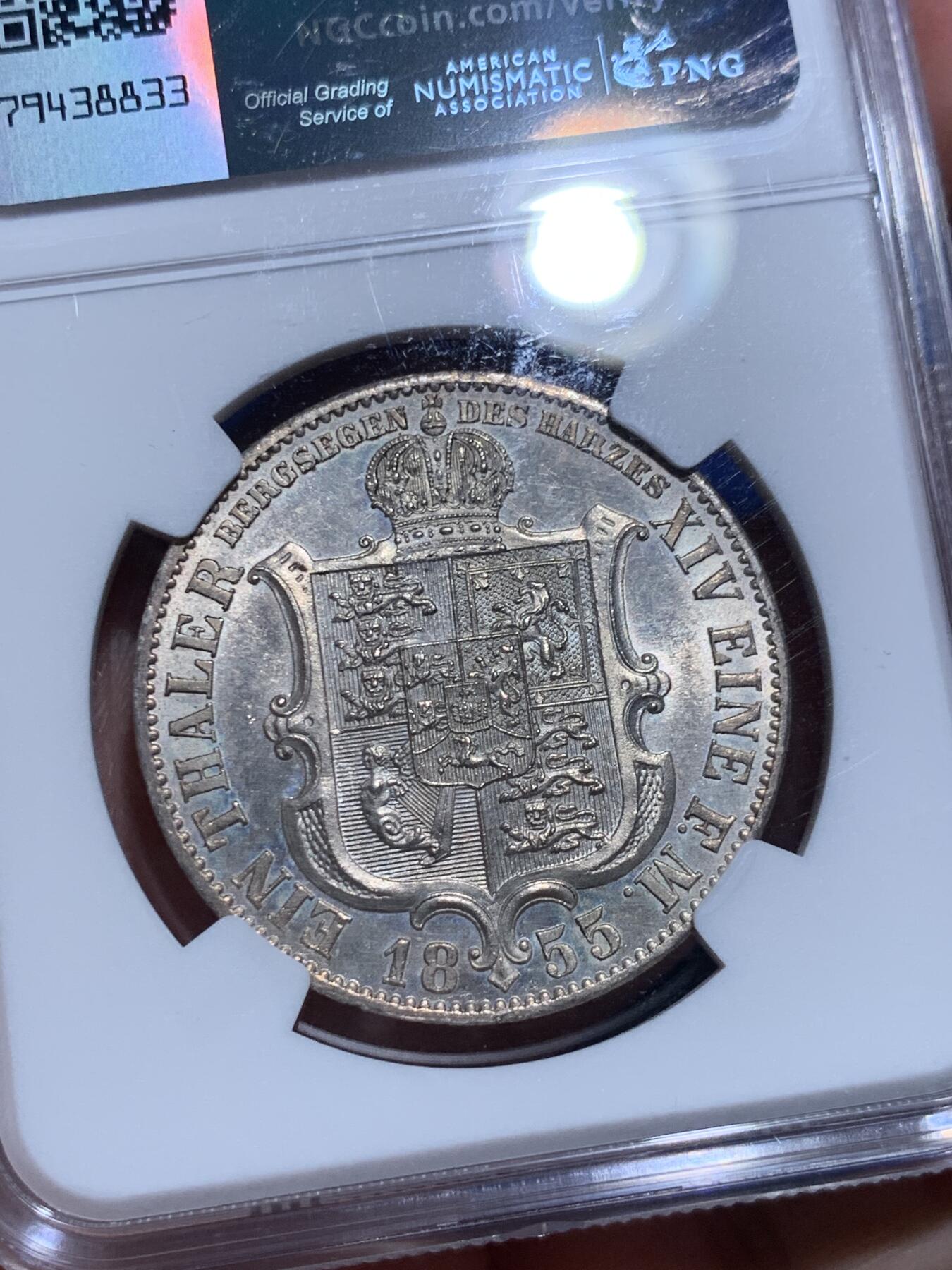 《竞宝斋》立夏专场特拍 （第2-1场）全场顺丰包邮 265场 NGC MS63 德国汉诺威1855年盾徽版泰勒 大气而精美 流通充分好品较少 MS比狮马版本少 欧洲昆克拍卖原物 410欧元落槌价