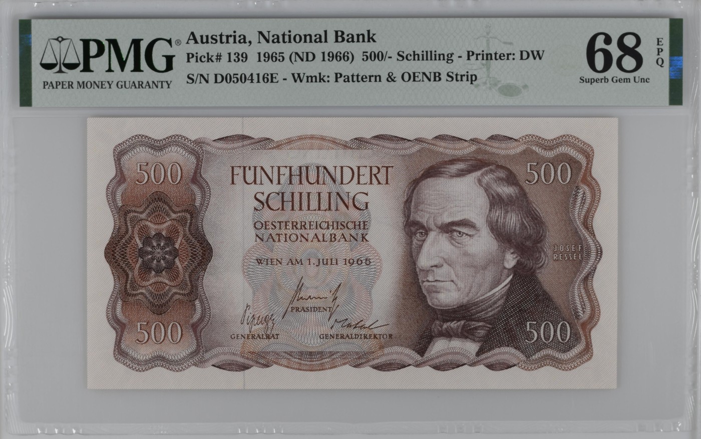 收藏联盟Quantum Auction 第342期拍卖  奥地利1965 (ND 1966)年500元 PMG68 冠军分 发明家雷瑟尔 