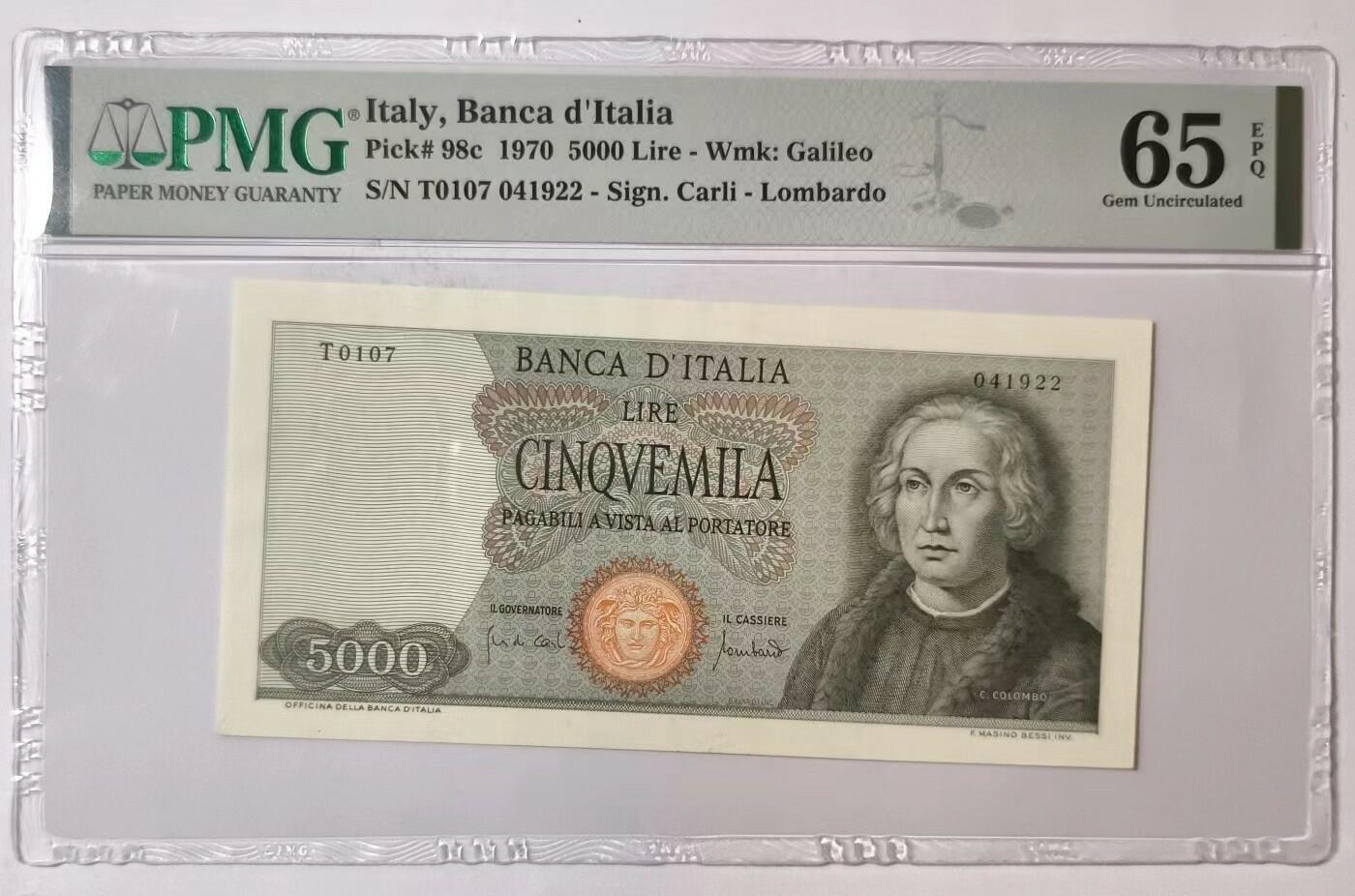 紫瑗钱币——第345期拍卖——纸币场 【PMG 65EPQ 双尾2】意大利 1970年 哥伦布与他的船队 5000里拉 (P-98C)
