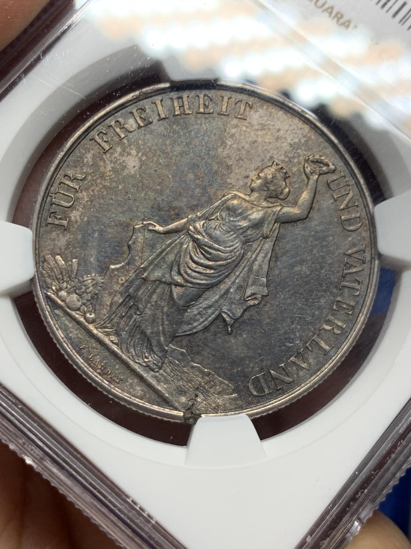 《竞宝斋》立夏专场特拍 （第2-1场）全场顺丰包邮 265场 NGC AU53 瑞士1872年苏黎世射击节 5法郎大银币 包浆深邃 整体观感好 币胚边缘有铸缺更显少见