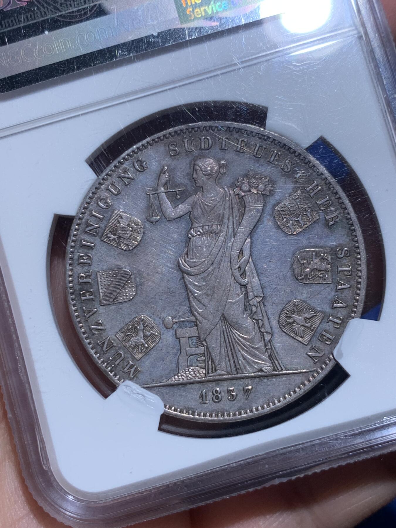 《竞宝斋》立夏专场特拍 （第2-1场）全场顺丰包邮 265场 NGC MS61 德国1837巴伐利亚货币同盟纪念2泰勒大银币 淡彩包浆