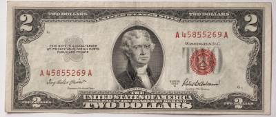 紫瑗钱币——第345期拍卖——纸币场 - 美国 1953年 A序列 托马斯·杰斐逊 2美元 红印 政府券 流通品